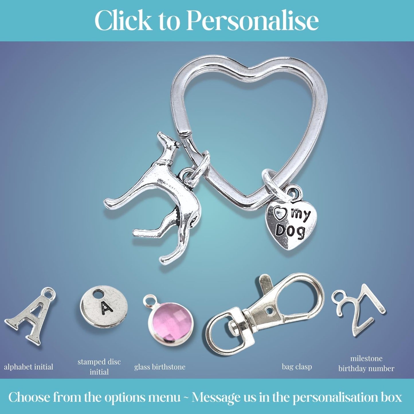 Silver keychain with dog charm and 'My Dog' heart charm on a blue gradient background