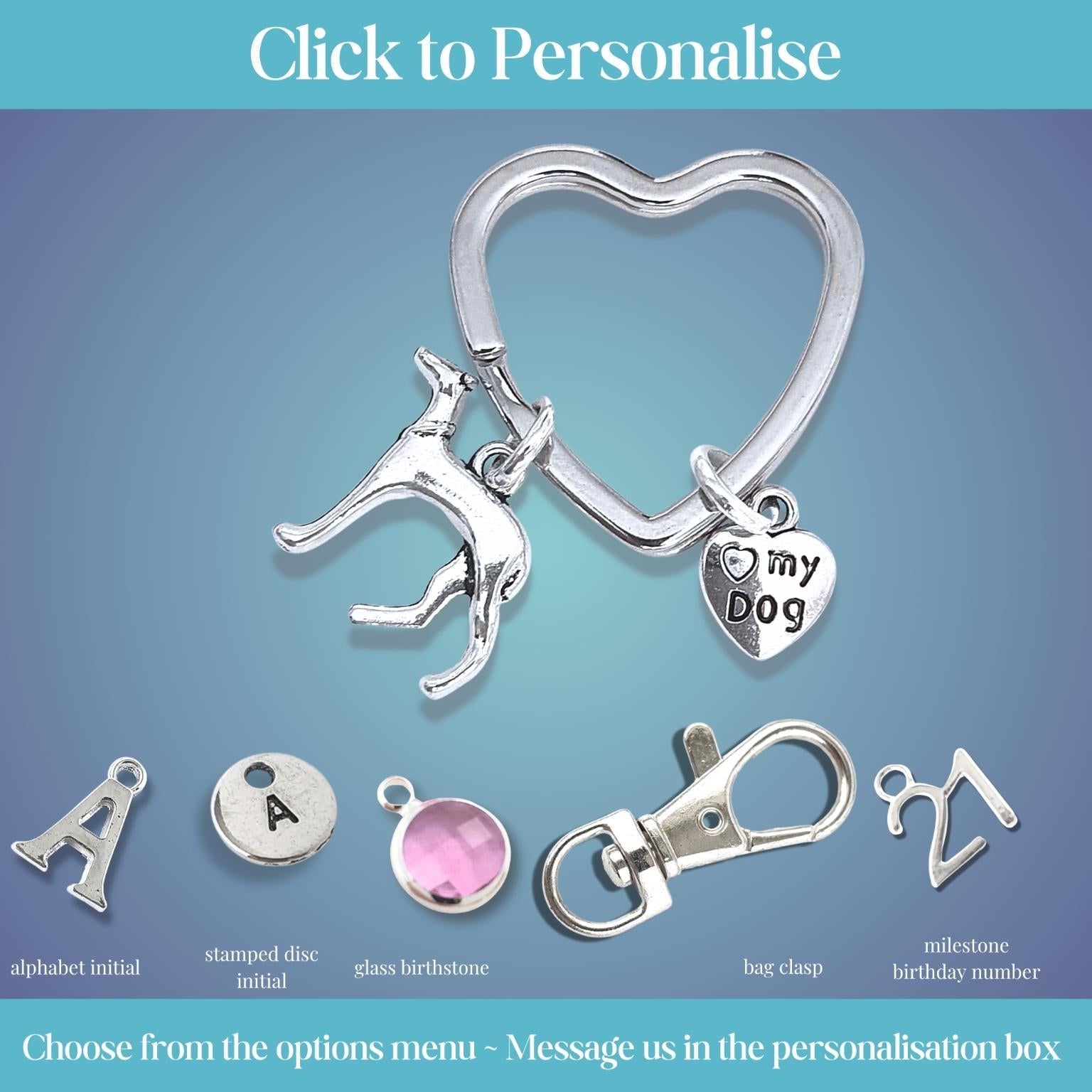 Silver keychain with dog charm and 'My Dog' heart charm on a blue gradient background