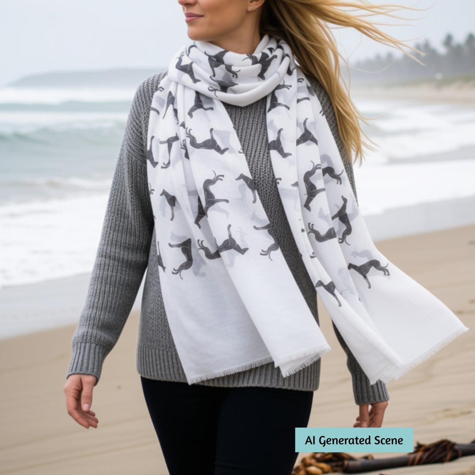 A woman standing on a beach wearing a white scarf with a repeating black greyhound print, a gray ribbed sweater, and black pants. The background shows the ocean, sand, and distant trees under an overcast sky.
