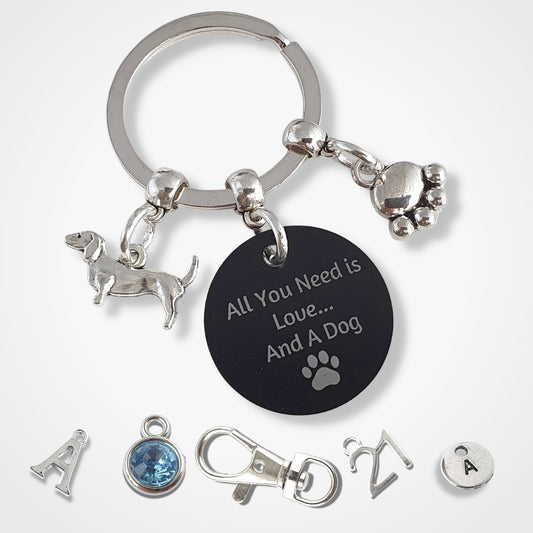 Engraved 'All You Need Is Love ... And A Dog' Dachshund Keyring - Silver