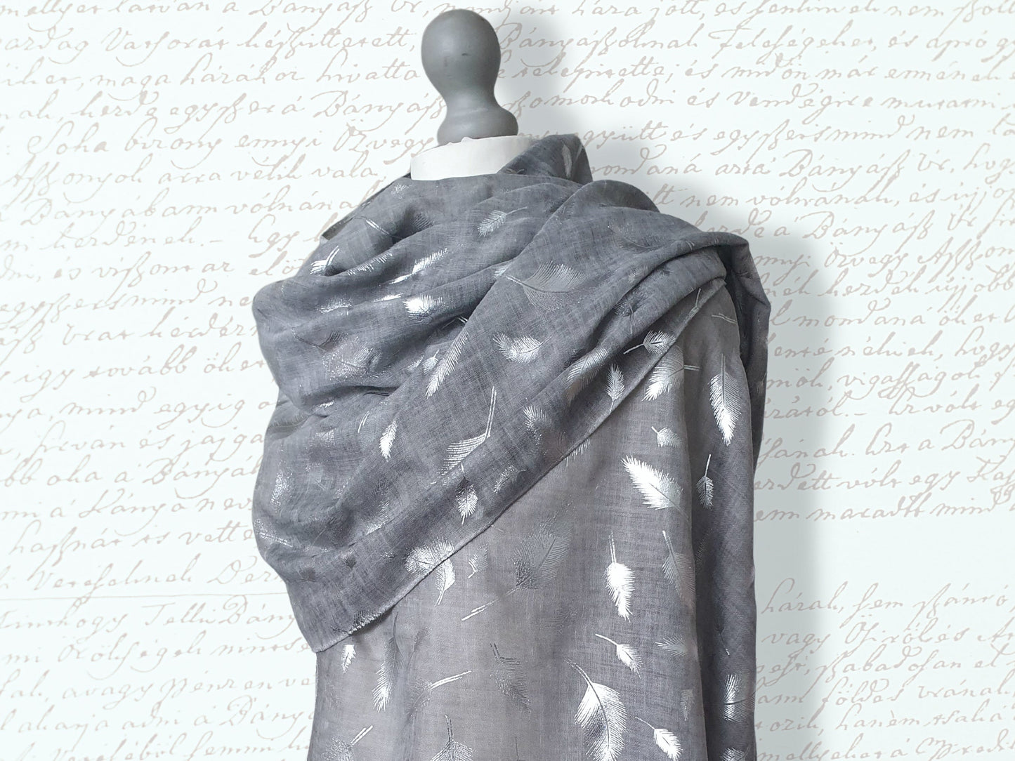 Tie Dye Printed Silver Feathers Scarf - Grey with silver print