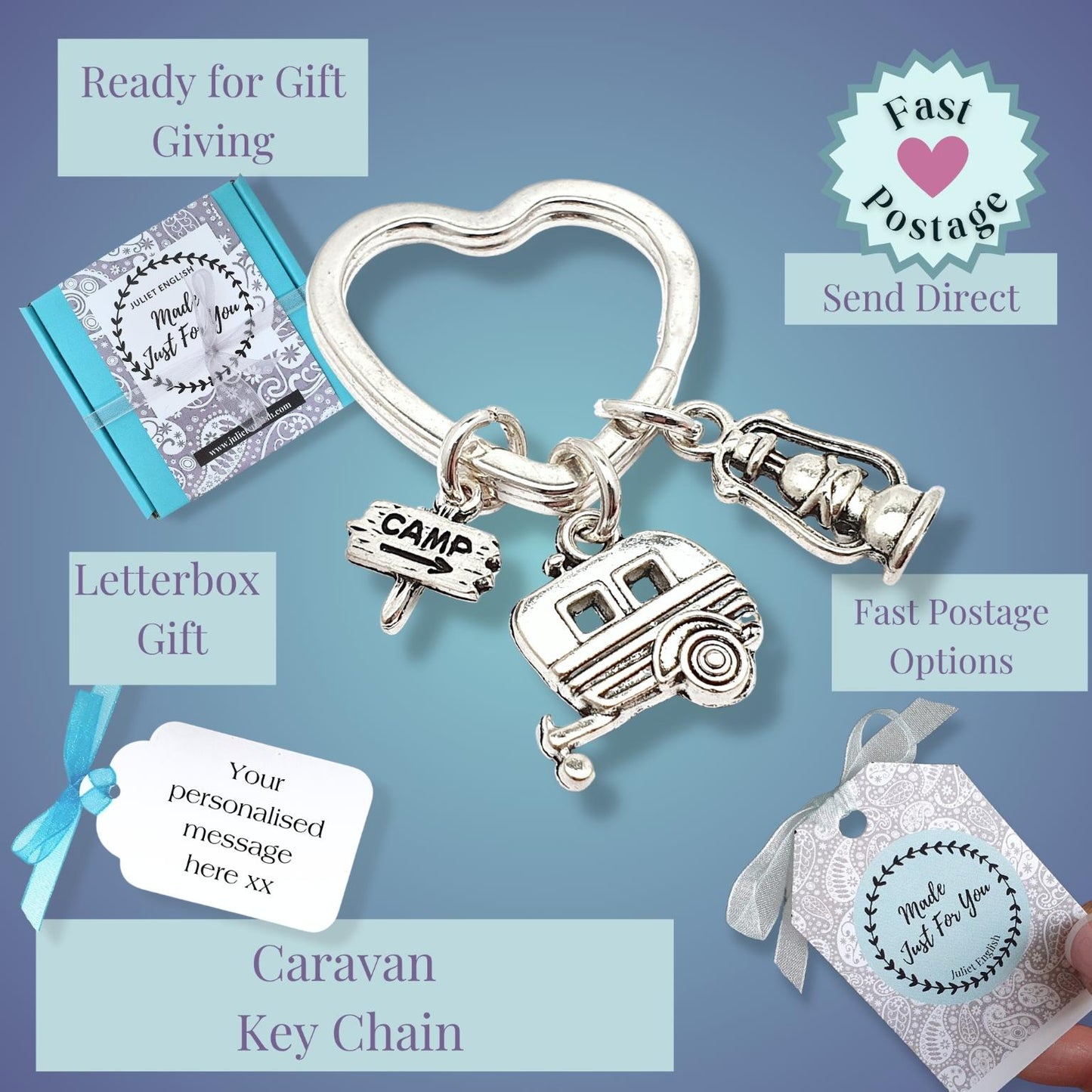 Silver keychain with various camping charms on a blue background