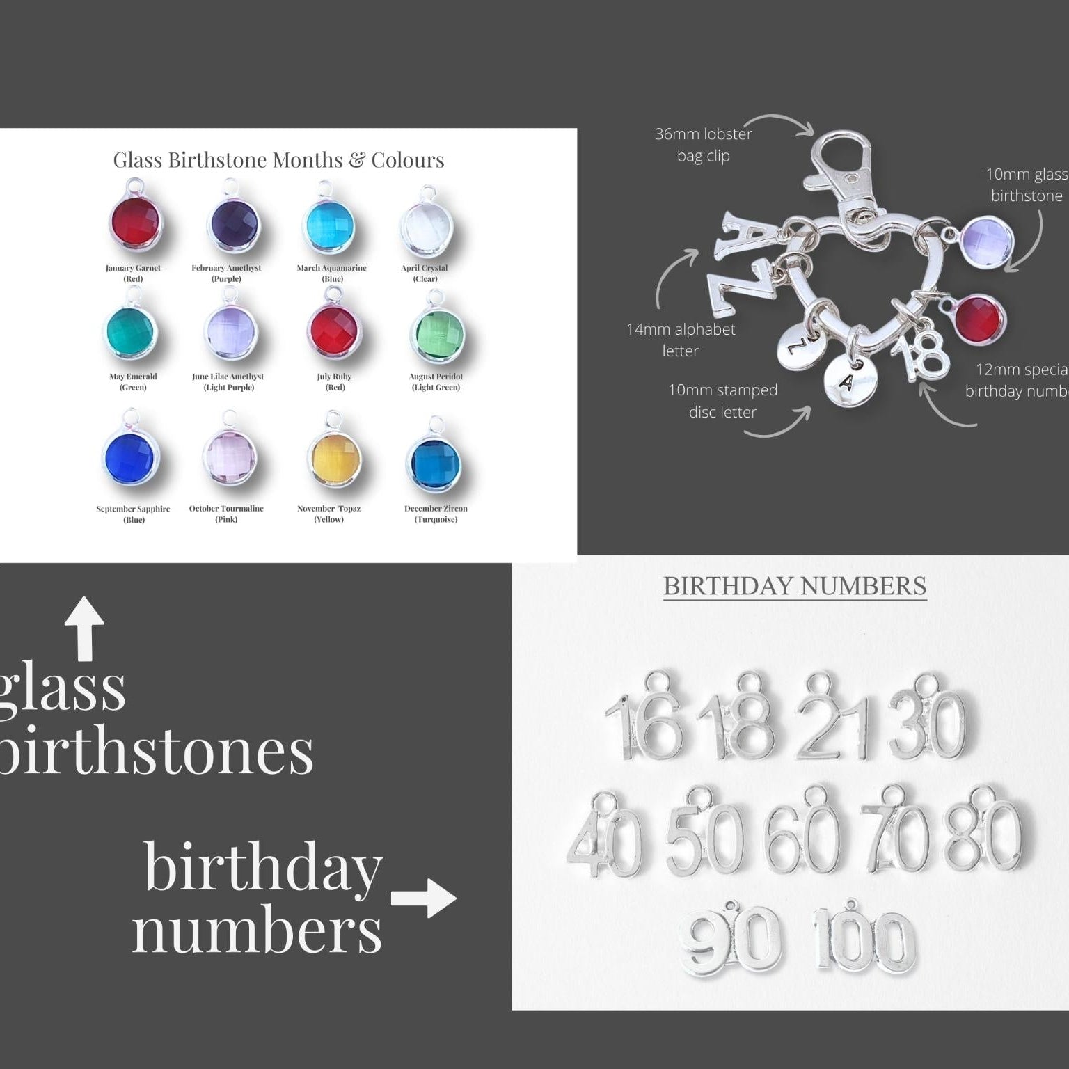 Collection of glass birthstones and birthday numbers on a gray background