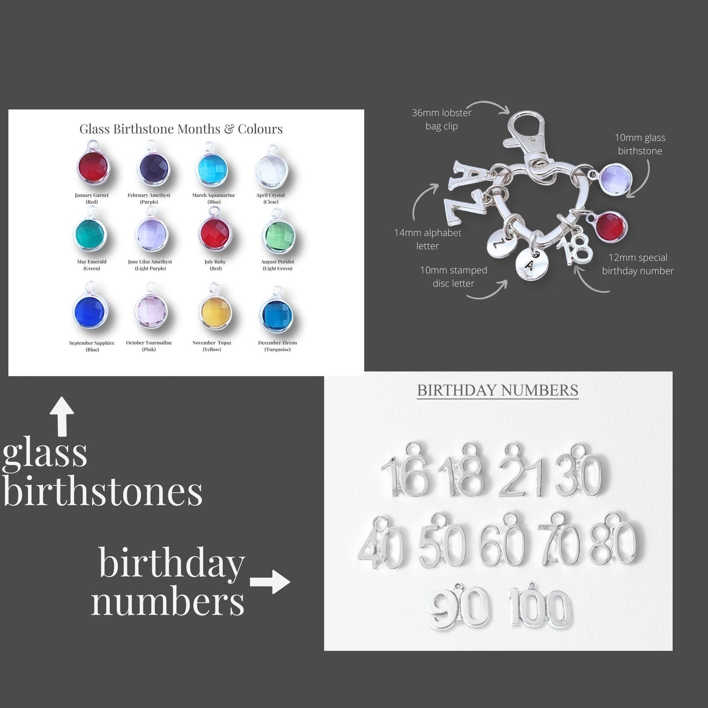Collection of glass birthstones and birthday numbers on a gray background