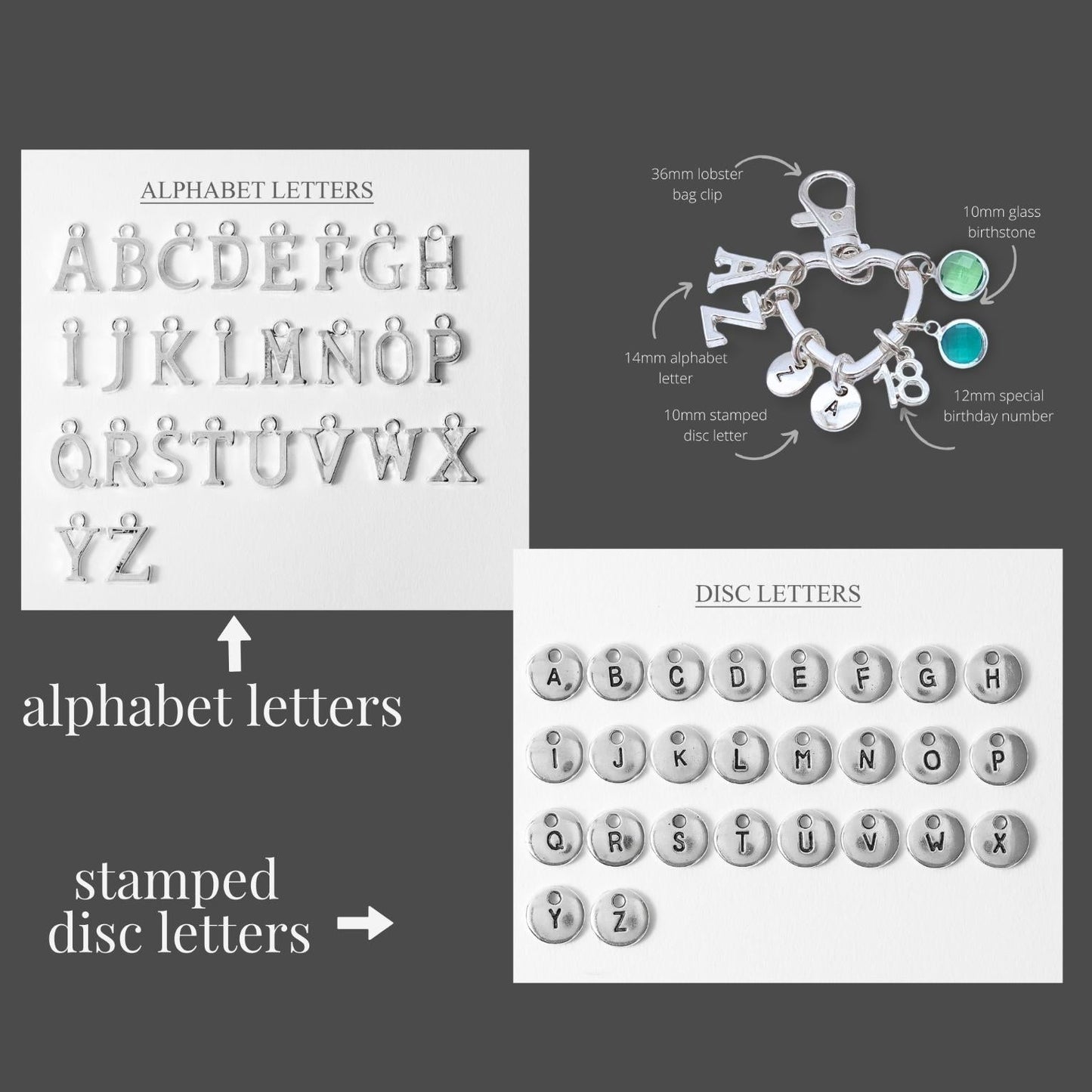 Collection of alphabet letters in different styles on a gray background