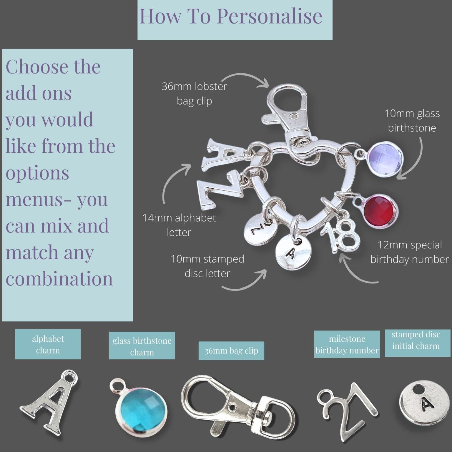 Personalized keyring with various charms and options for customisation on a dark background.