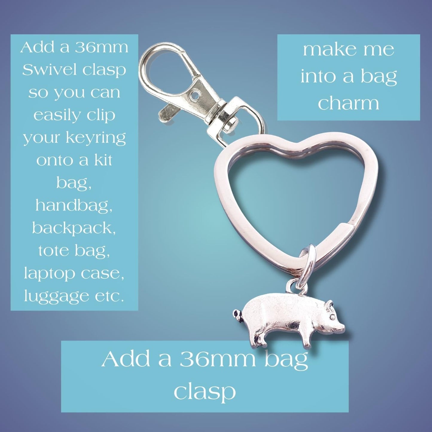 Heart-shaped keychain with a pig charm on a blue background