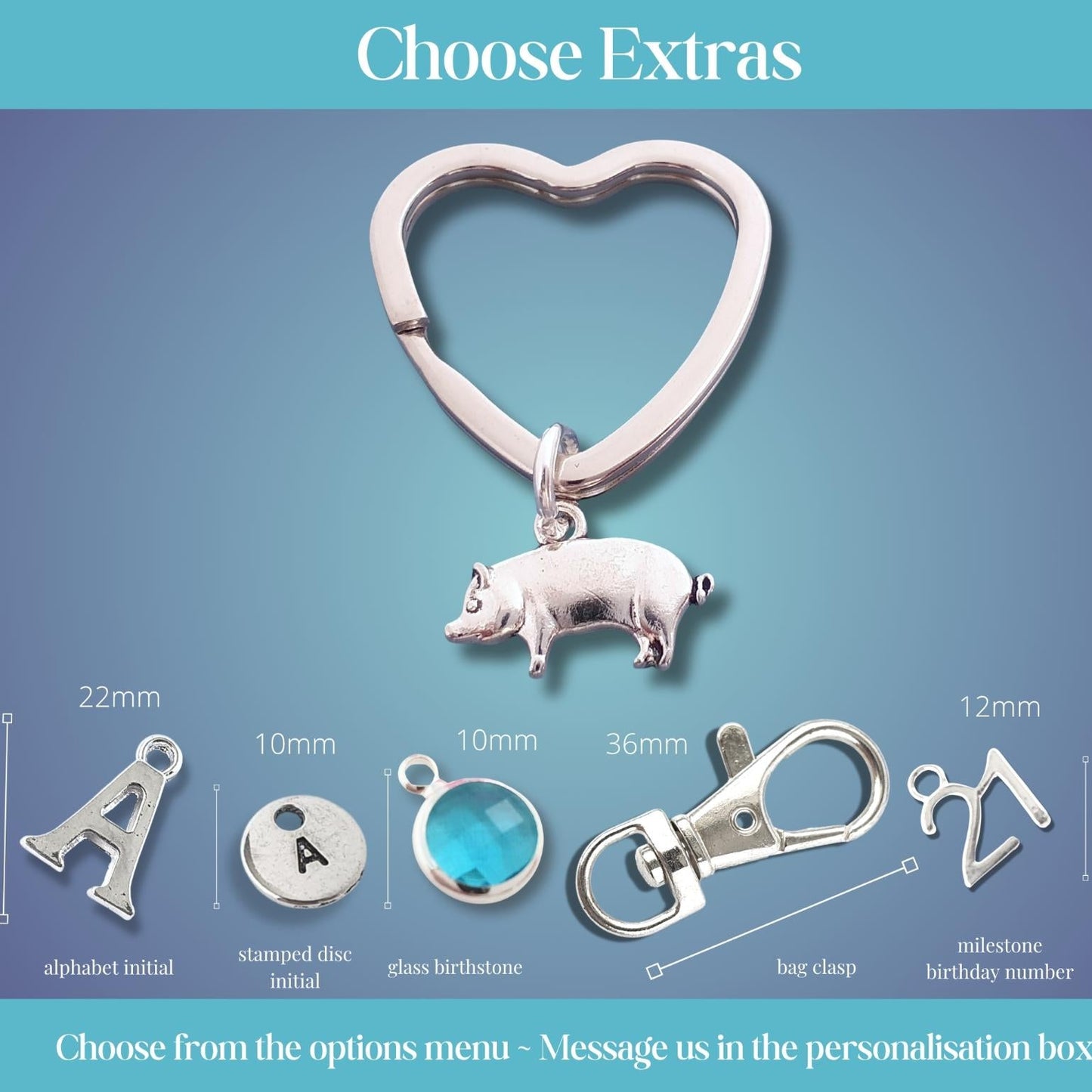 Heart-shaped keychain with pig charm and customizable options on a blue gradient background