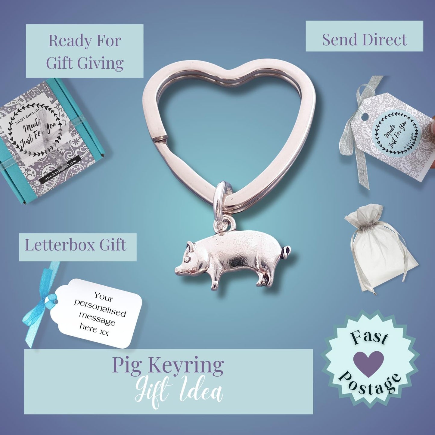 Heart-shaped keyring with pig charm on a blue background with gift-related text and images.