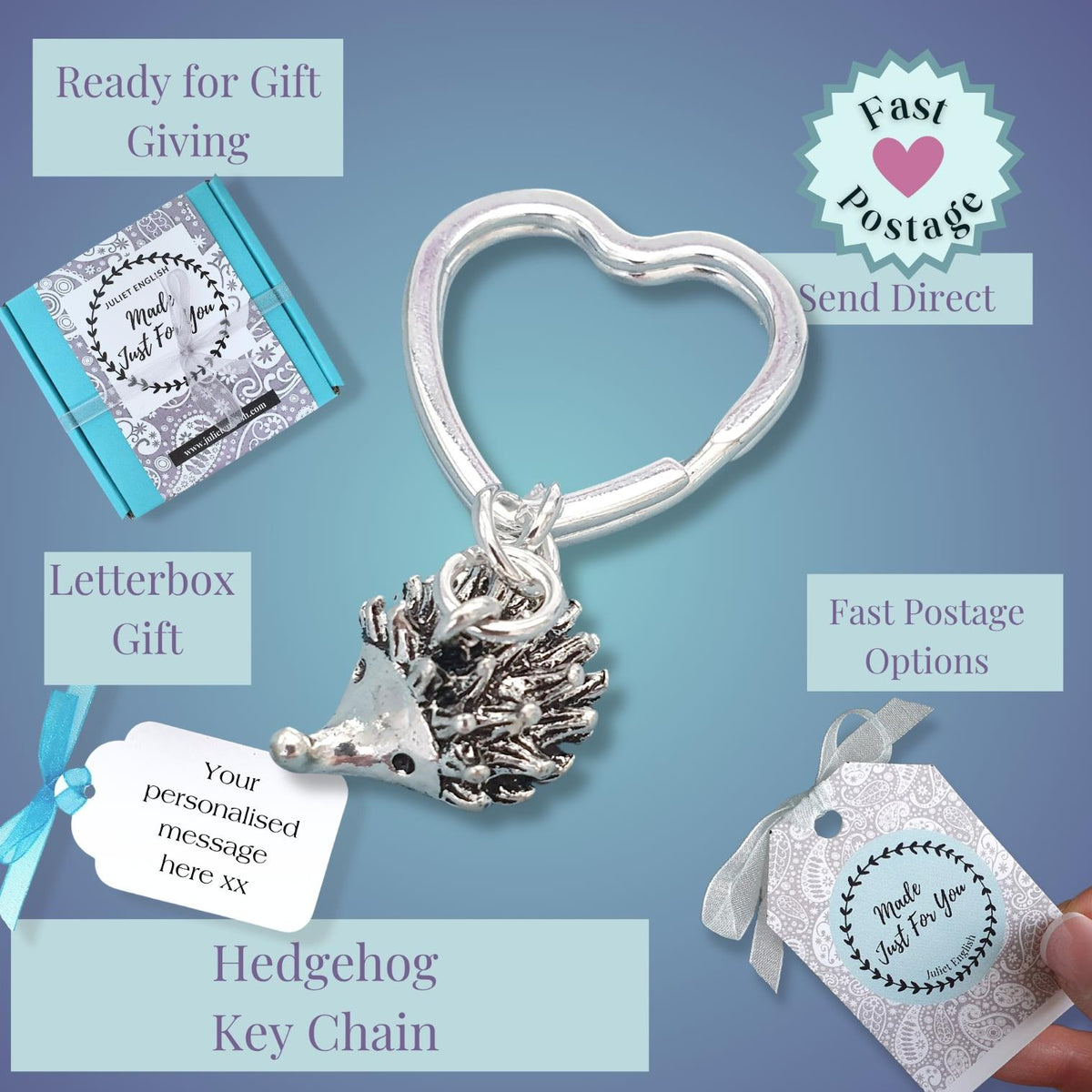 A silver heart-shaped keychain with a detailed hedgehog charm, shown with gift packaging options and text callouts on a blue gradient background. A hand is holding a silver gift tag on the bottom right.