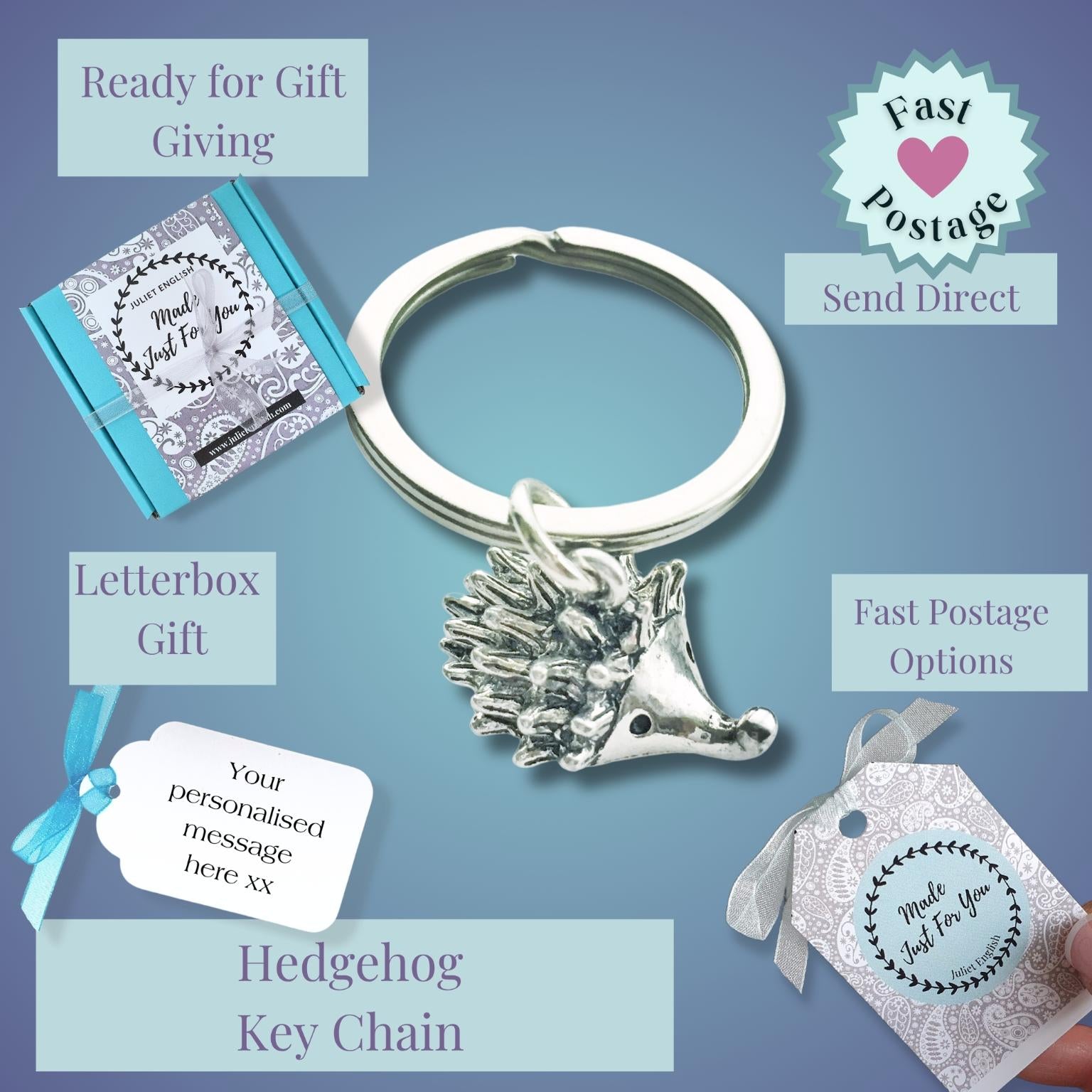 Hedgehog keychain with gift tags and promotional text on a blue background