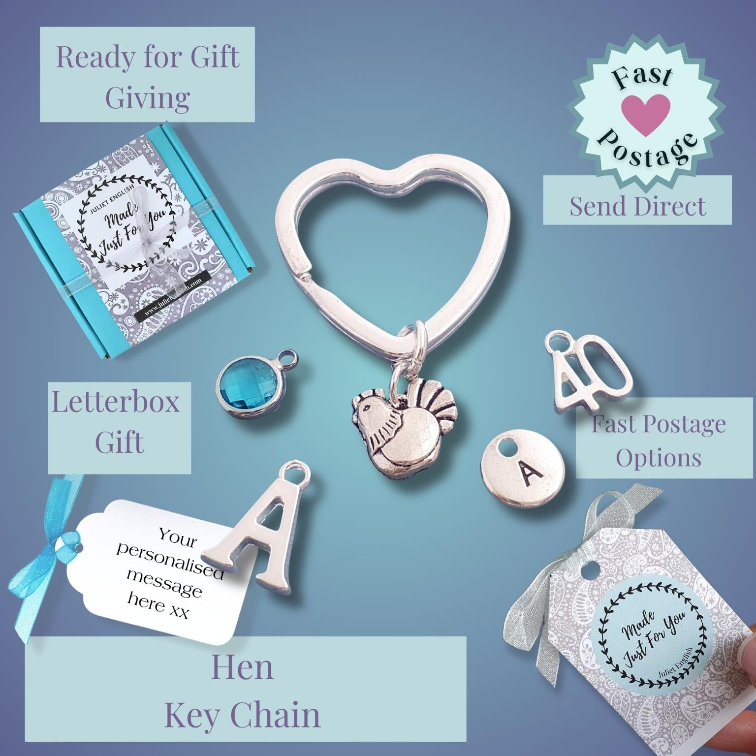 Silver hen keychain set with a heart-shaped clasp and multiple charms, shown with gift packaging options and text callouts on a blue gradient background.