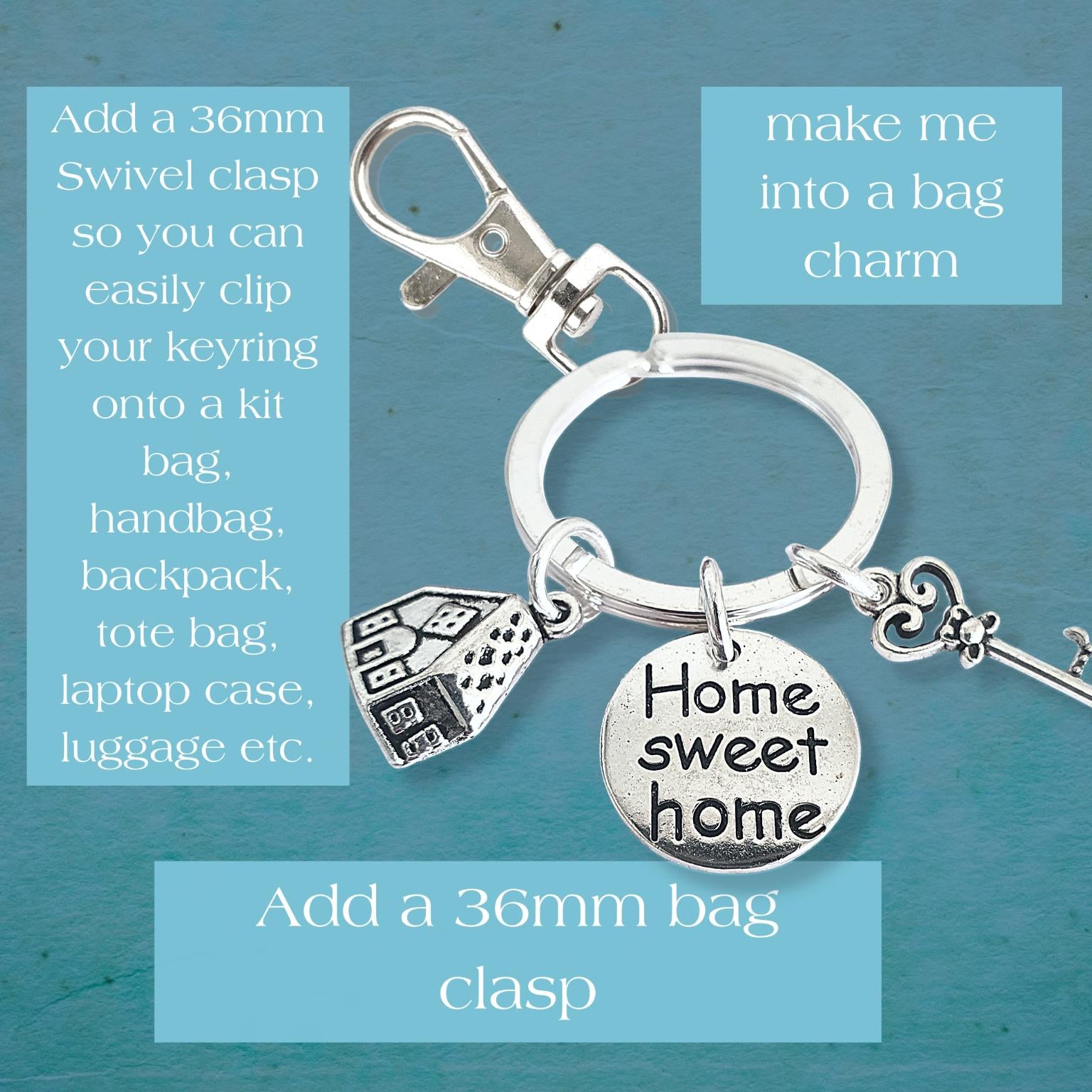 Silver keychain with 'Home sweet home' charm on a blue background