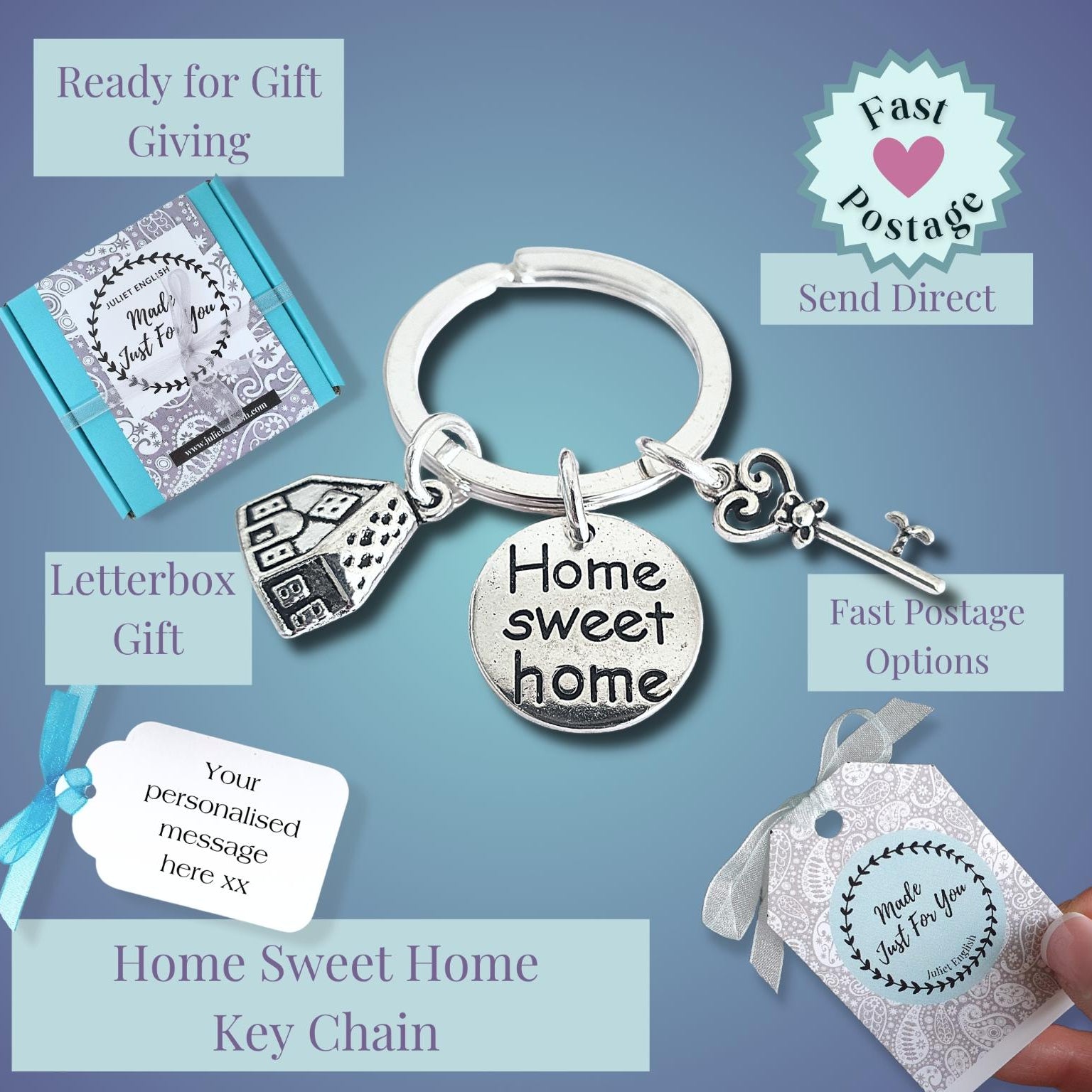 Home sweet home keychain with charms on a blue background