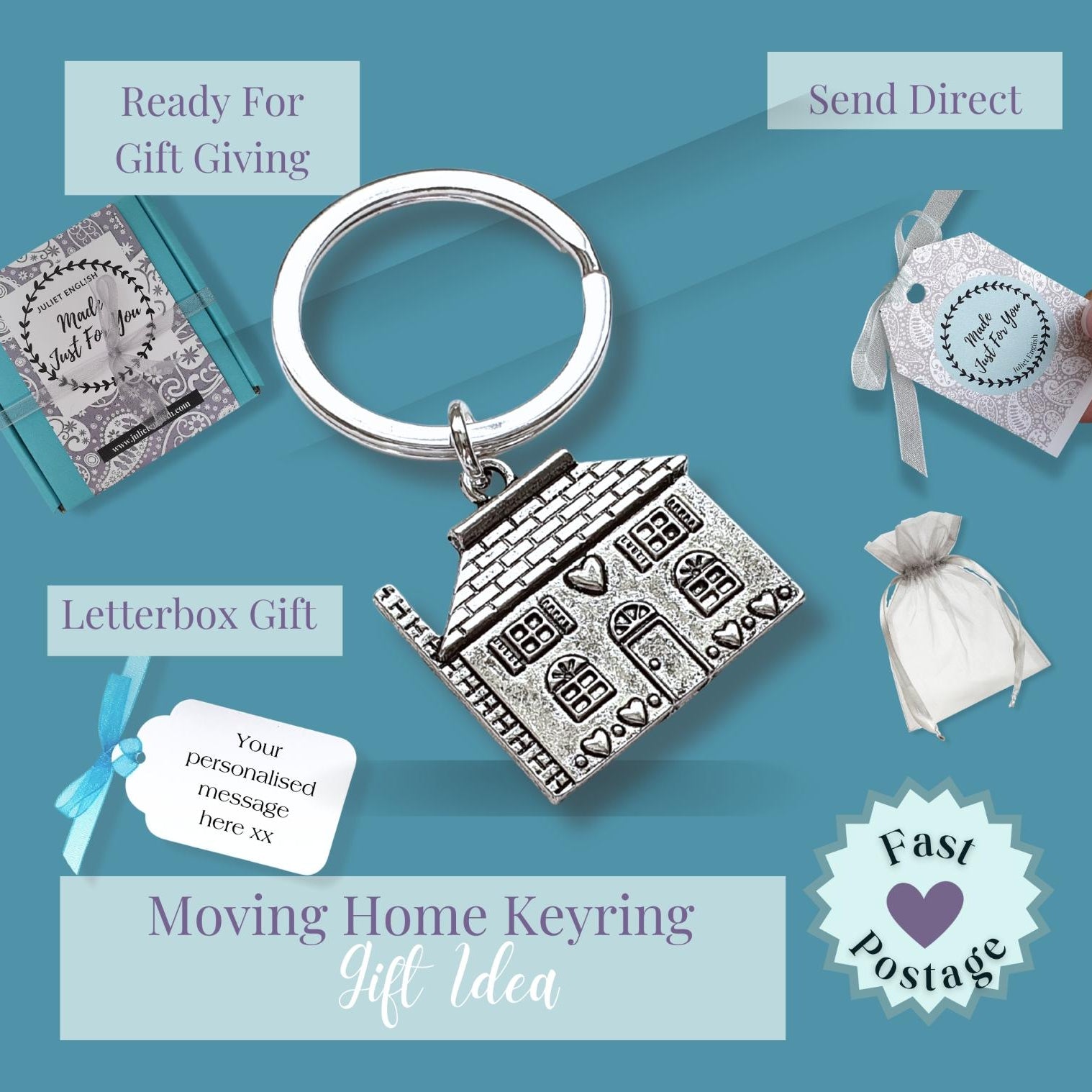 Keychain with house charm on a blue background with text about gift ideas.