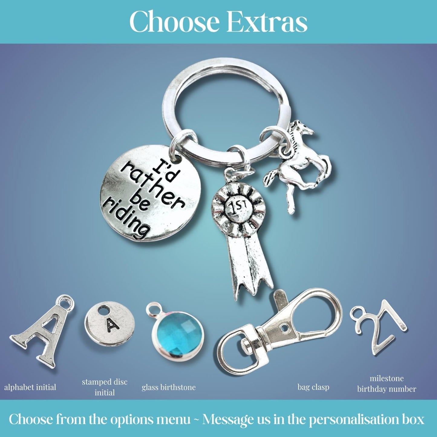 Silver keychain with various charms including a horse and 'I'd rather be riding' tag on a blue background
