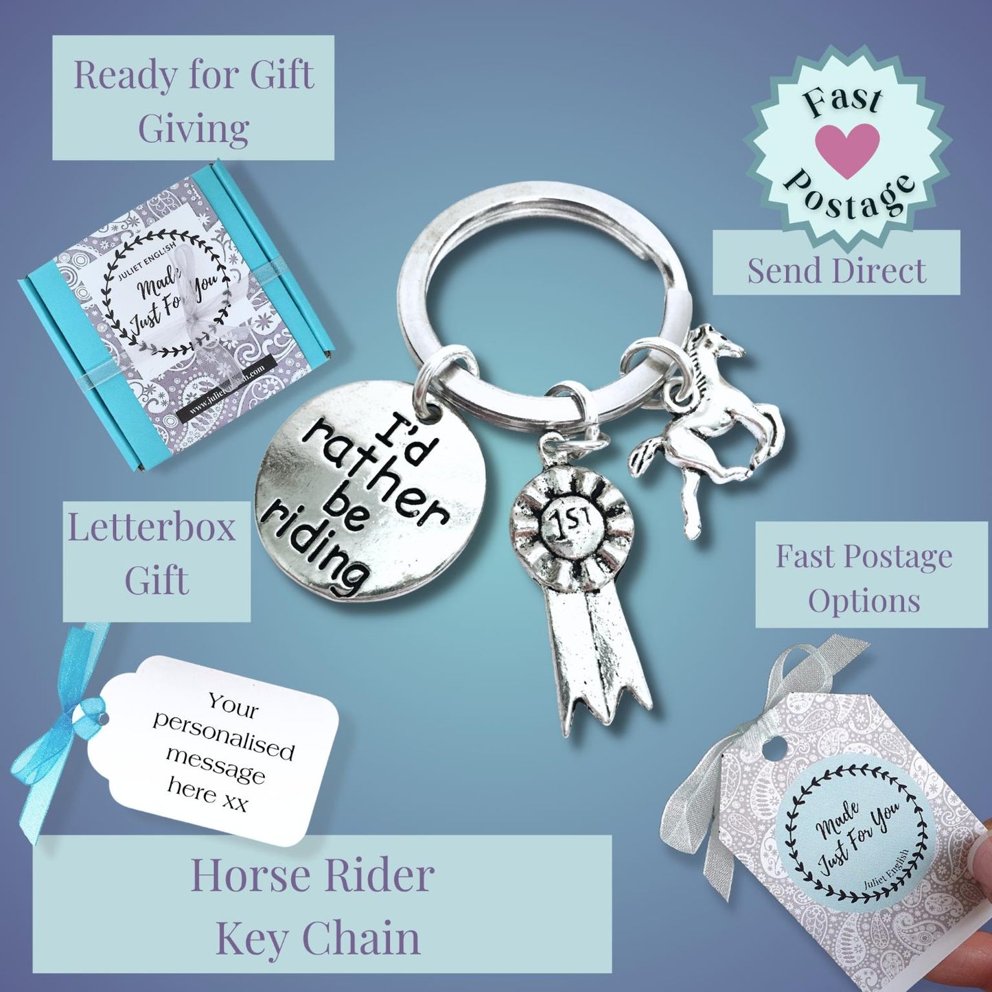 Horse rider keychain with charms on a purple background