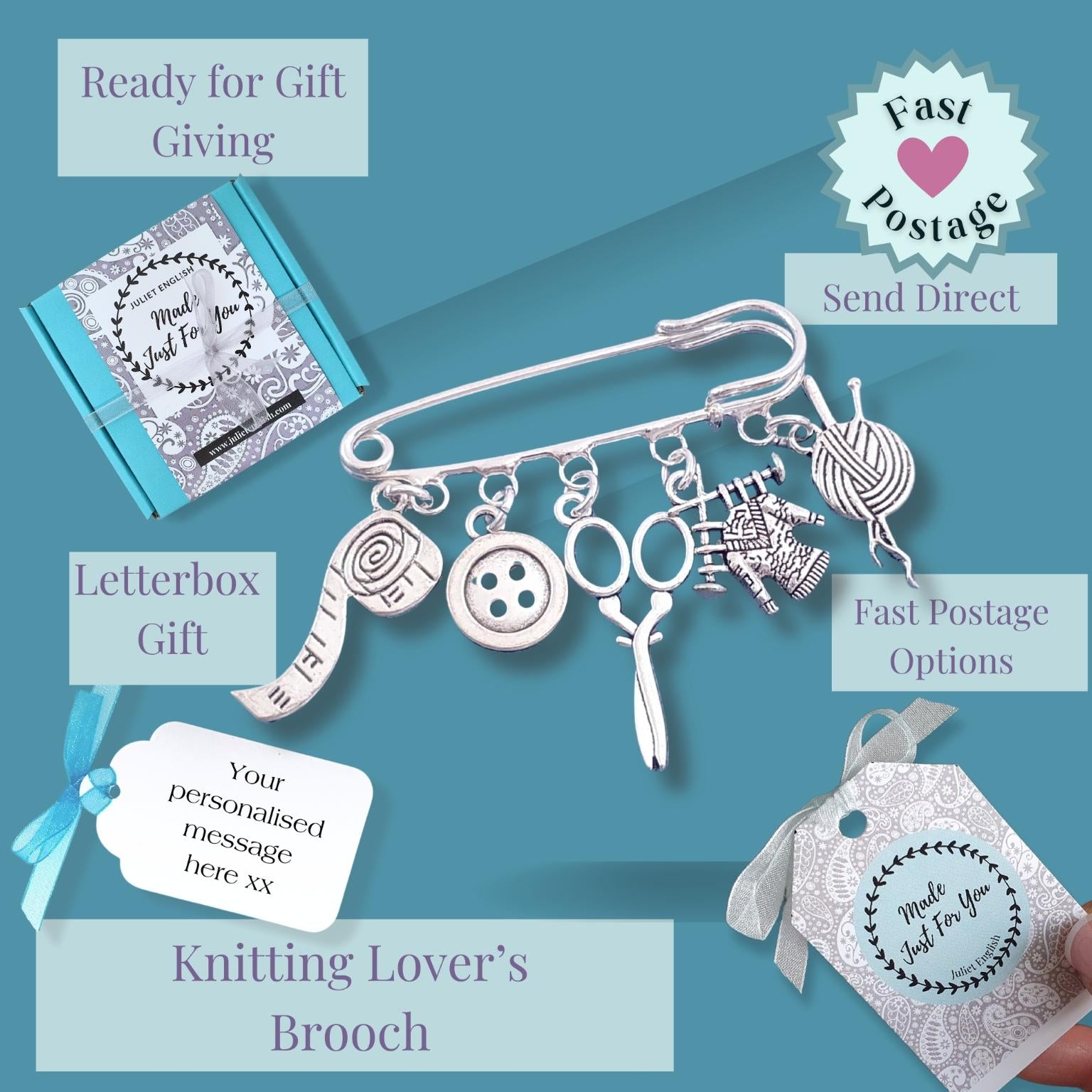 Knitting Lover's Brooch with charms on a blue background, featuring text about gift-giving options.