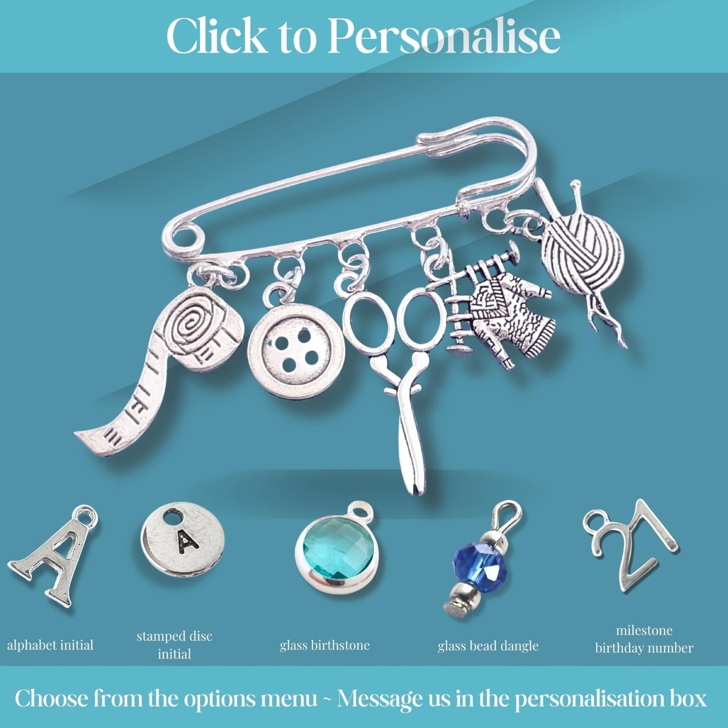 Silver brooch with various knitting themed charms  and customizable options on a blue background