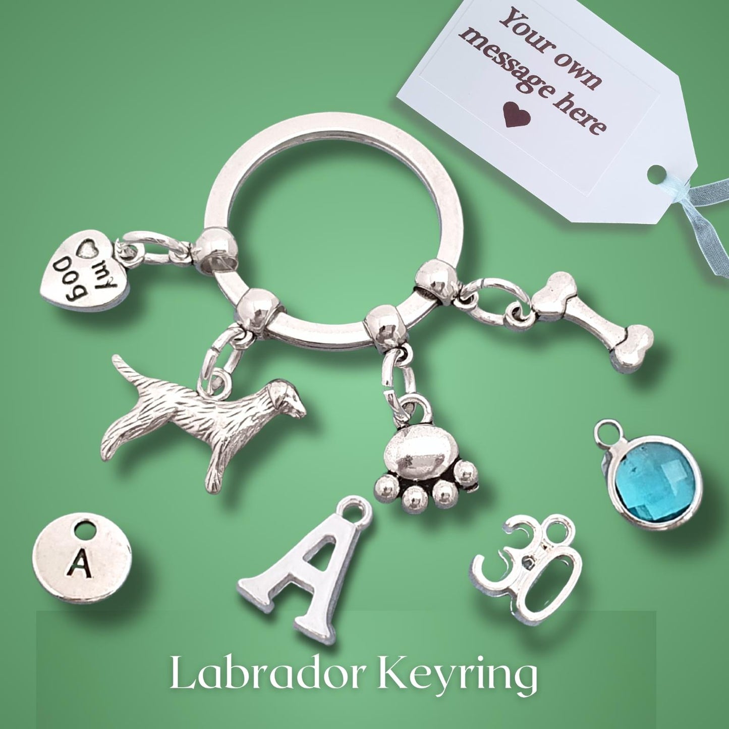 A silver-tone personalized dog keyring with multiple charms including a Labrador retriever, bone, paw print, letter 'A', '30', and a blue gemstone, displayed on a green background with a white tag that reads 'Your own message here'.