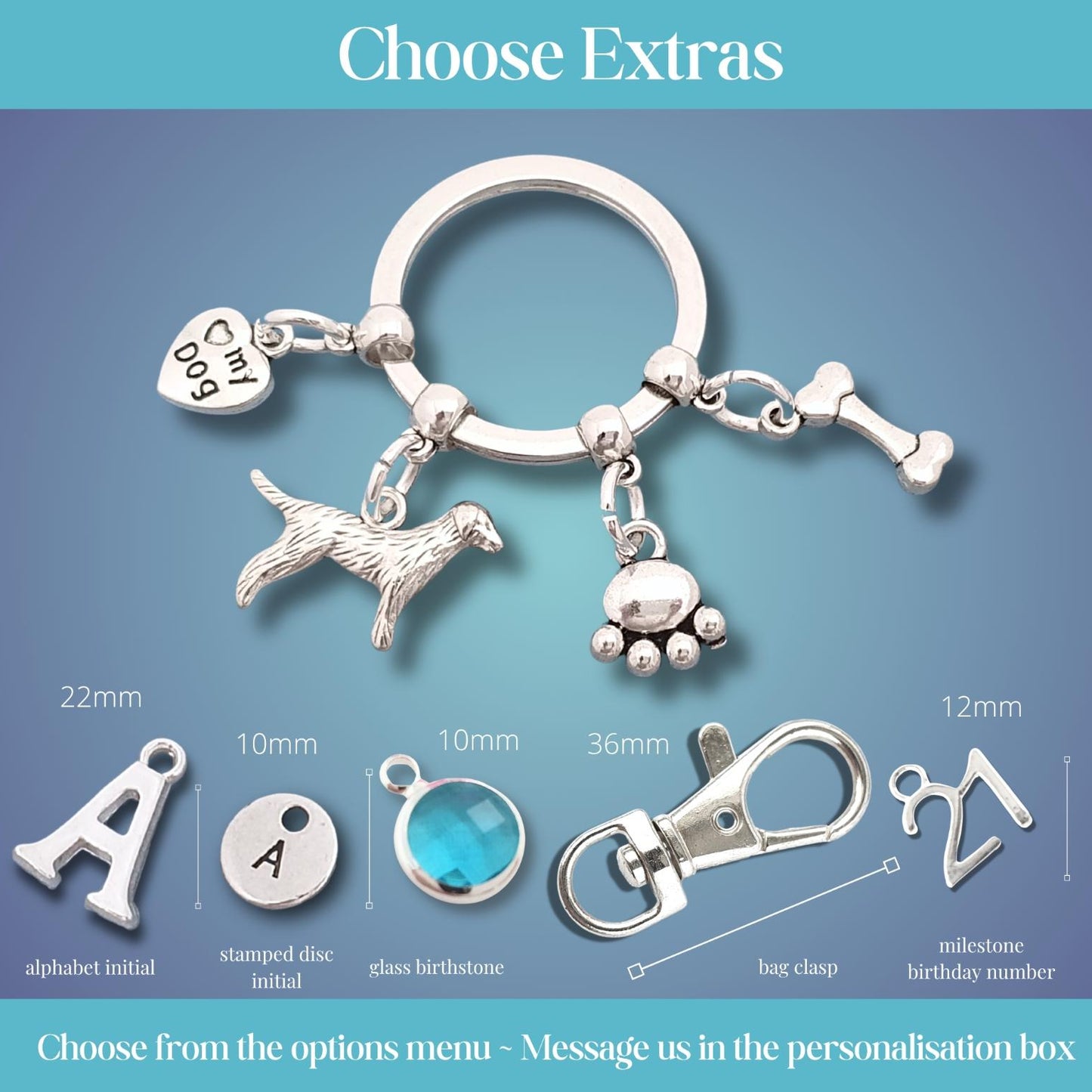 A promotional product graphic for a silver pet memorial key ring with charms, titled 'Choose Extras.' The main item is a silver key ring with dangling charms including a dog silhouette, paw print, bone, and heart-shaped tag.