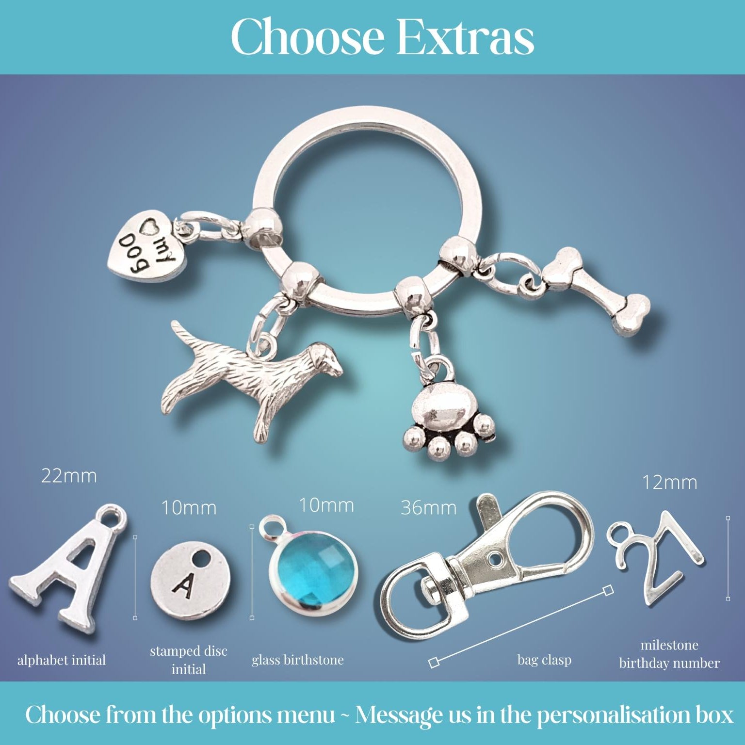 A promotional product graphic for a silver pet memorial key ring with charms, titled 'Choose Extras.' The main item is a silver key ring with dangling charms including a dog silhouette, paw print, bone, and heart-shaped tag.