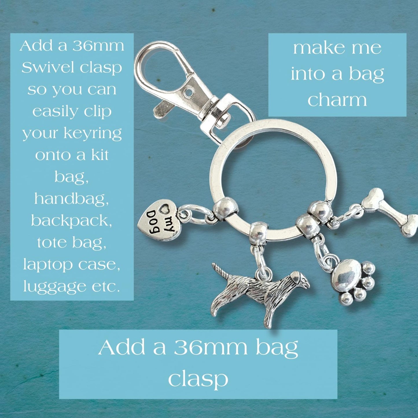 Silver dog keyring charm set with a paw print, bone, and dog silhouette charms, shown on a textured teal background with instructional text overlays.
