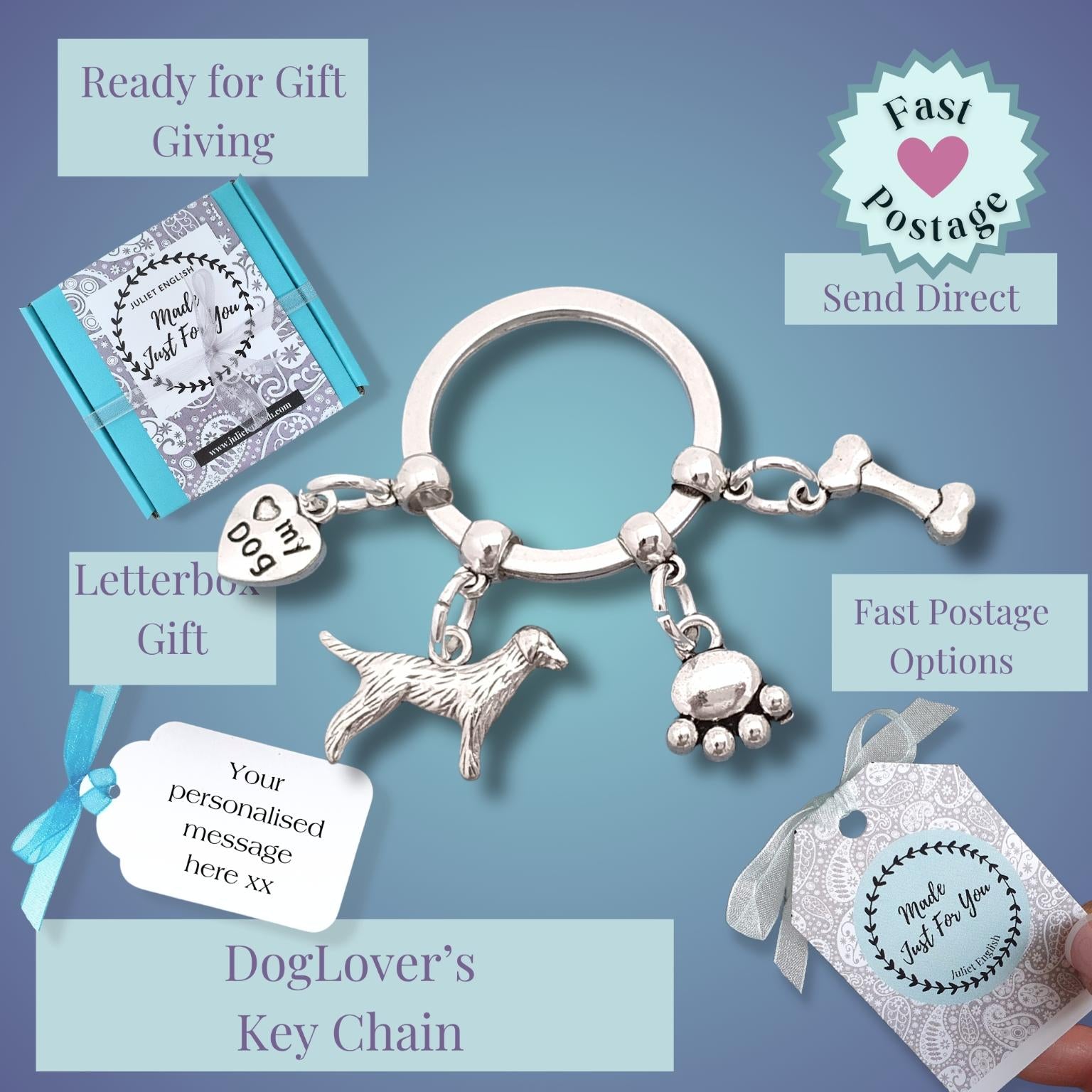 A silver dog-themed keychain with charms including a dog silhouette, paw print, bone, and heart charm, displayed on a blue gradient background with promotional text callouts and a hand holding a matching gift tag.
