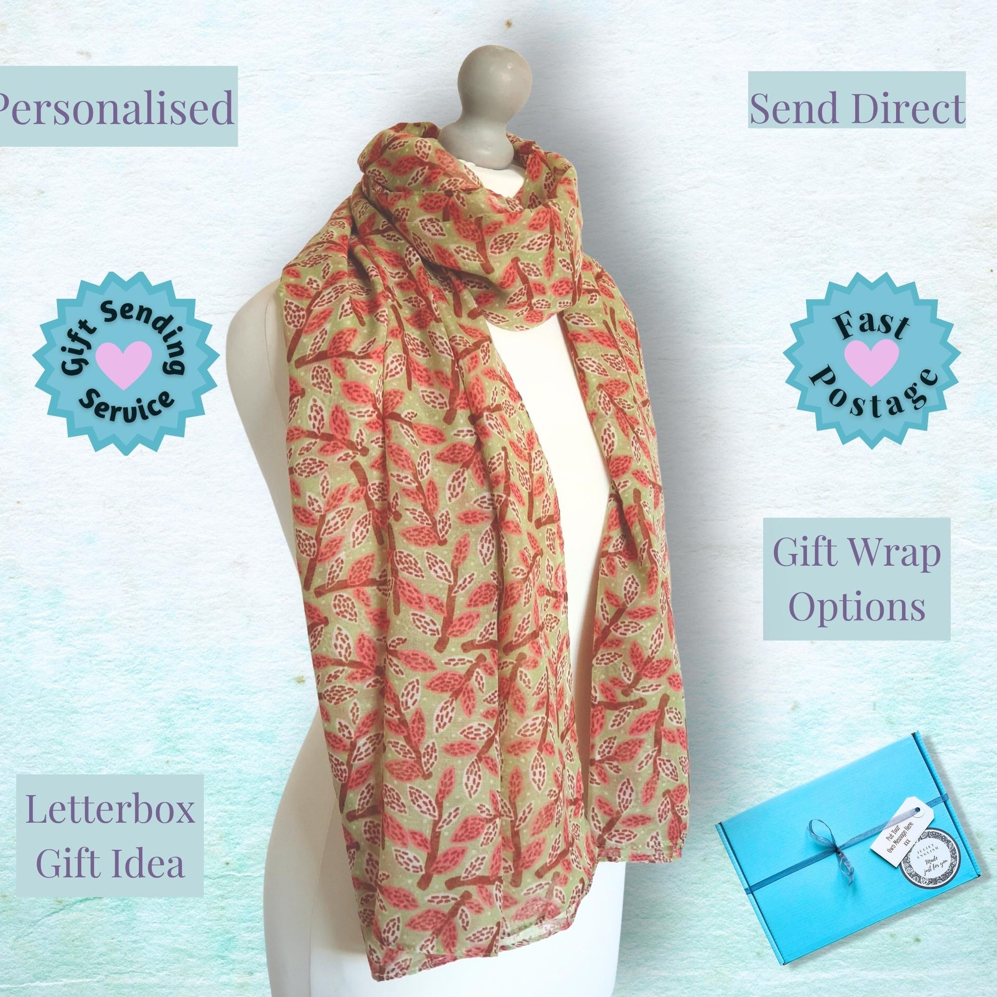 Scarf on a mannequin with promotional text and graphics on a light blue background