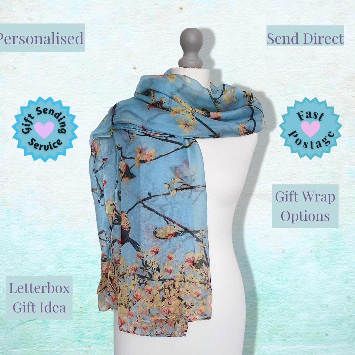 Bird & Blossom Scarf in a Box -  Blue