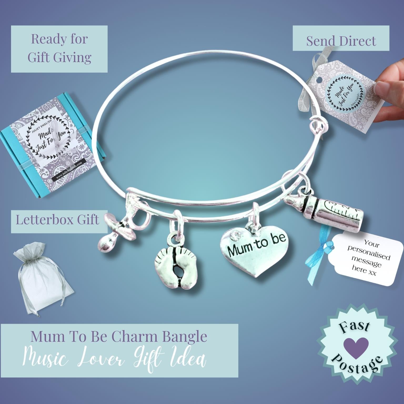 Silver plated bangle bracelet with 'Mum to be' charms including a baby feet, pacifier and bottle charm, shown with gift packaging and text overlays on a blue gradient background