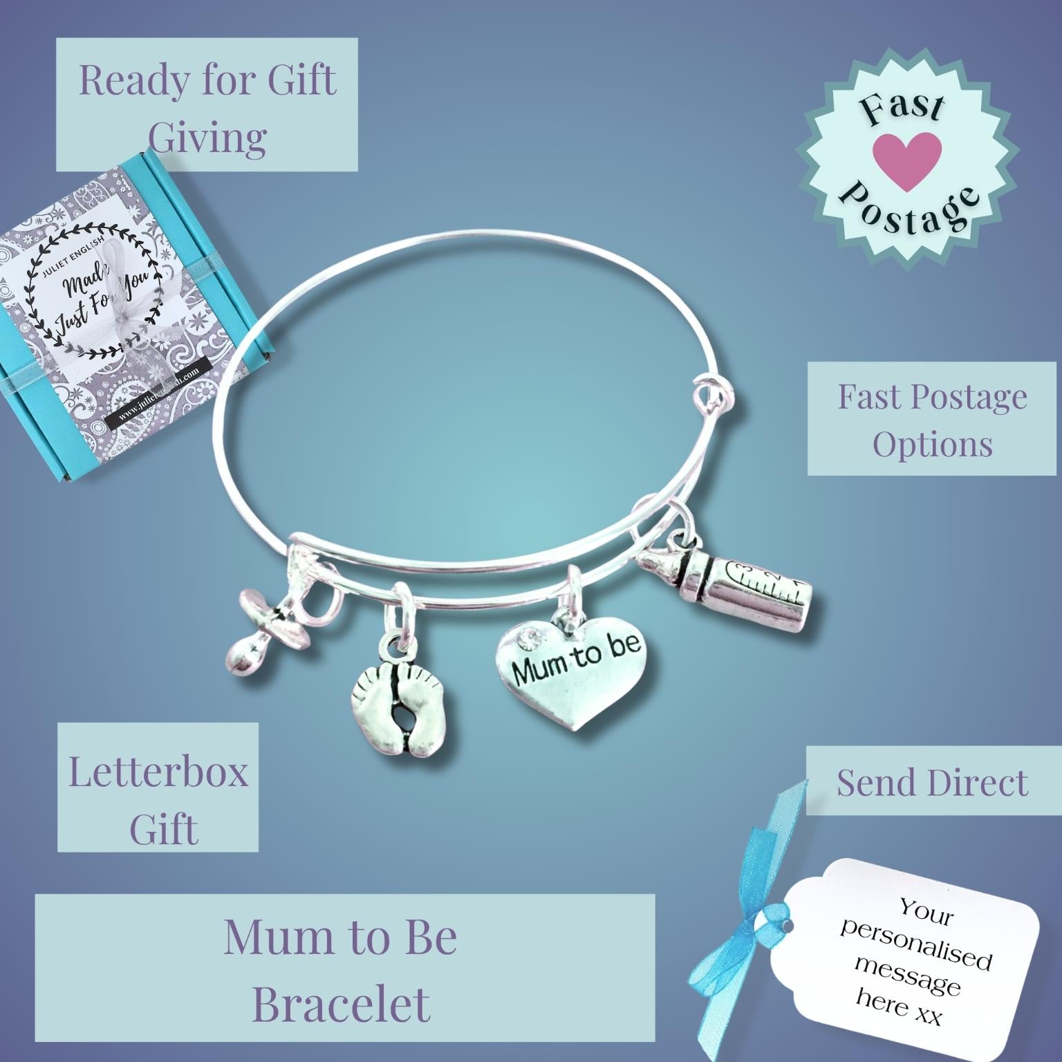 Silver mum-to-be bracelet with charms including a heart reading 'Mum to be', baby footprints, and a small bottle charm, shown on a blue gradient background with gift options and postage callouts.