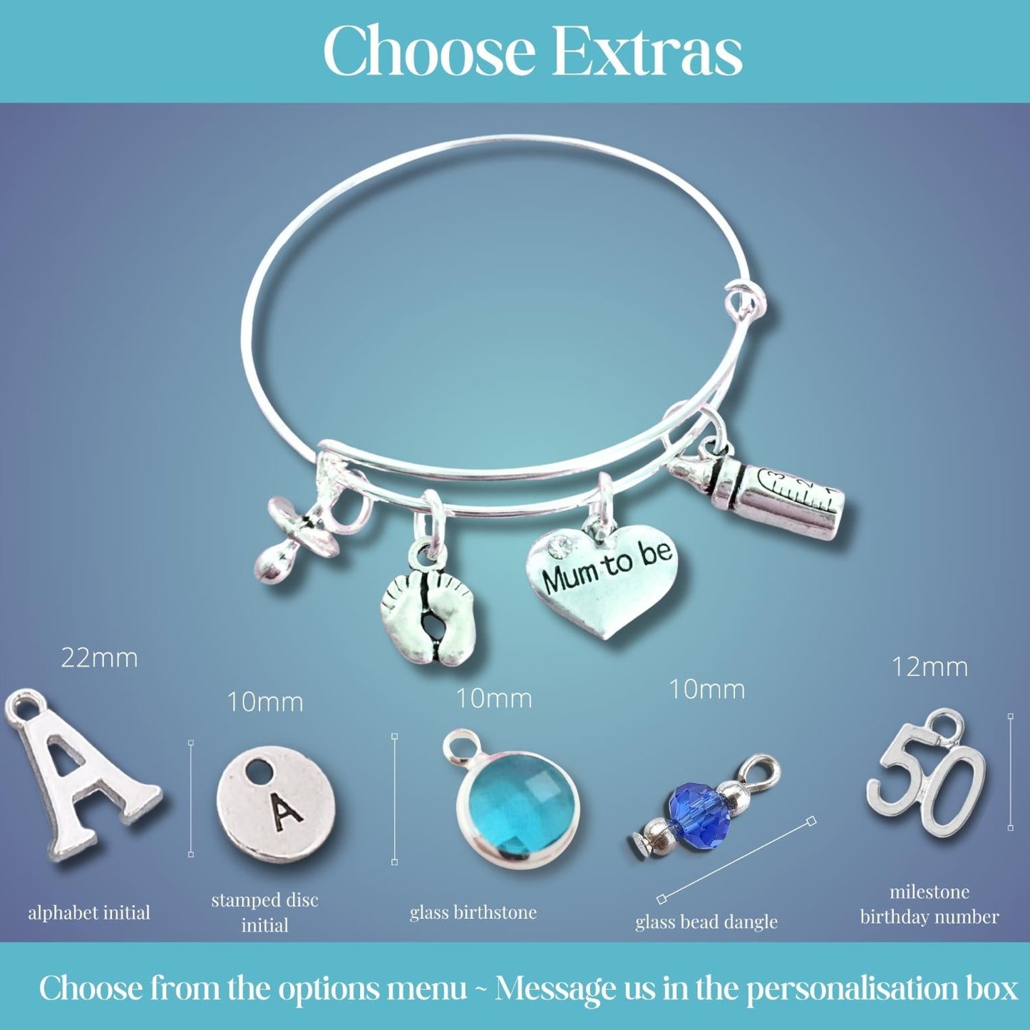 Silver bangle bracelet with customizable charms shown on a blue gradient background with text options for extra personalization details and measurements.