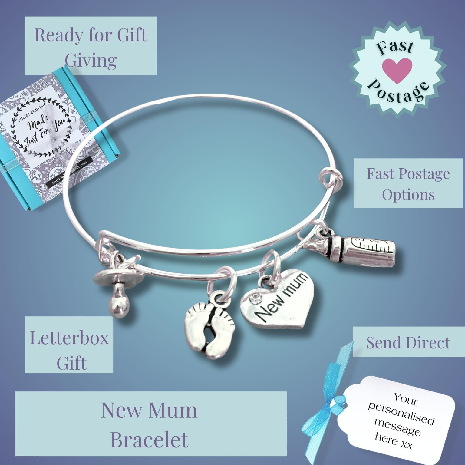 A silver bangle bracelet with charms including a heart reading 'New Mum', footprints, and a letter opener, shown on a blue gradient background with promotional text and a gift box.