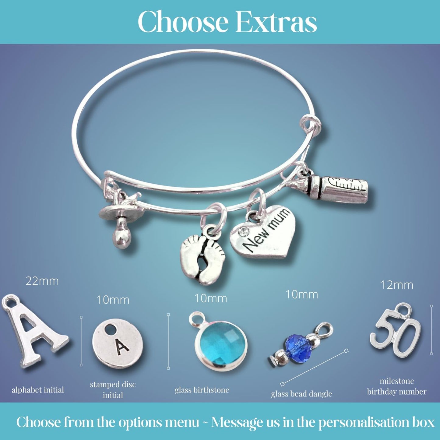 Silver bangle bracelet with charms including a heart engraved 'New mum', footprints, a baby bottle, and a letter charm, shown on a blue gradient background with text options for personalization.