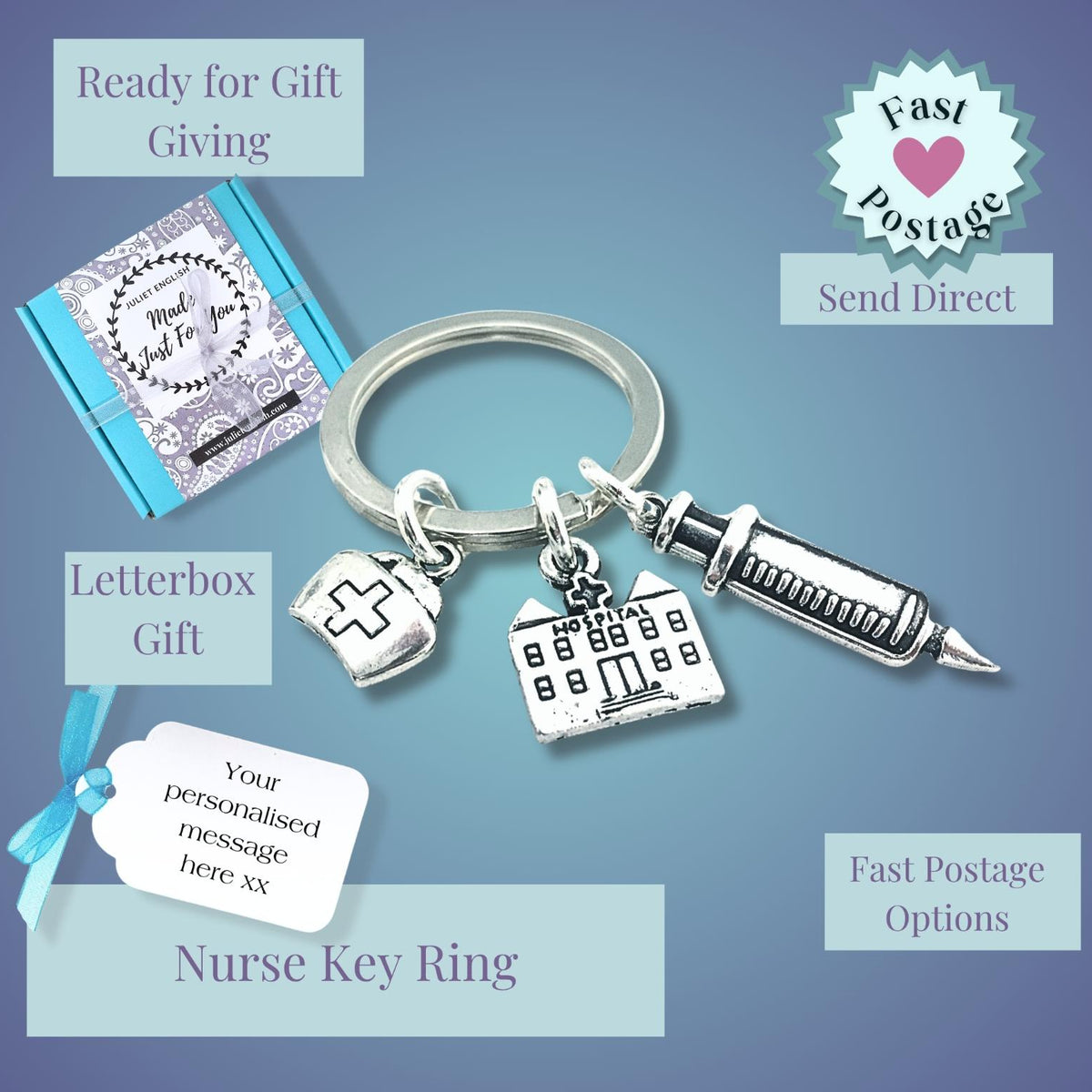 Silver-tone nurse-themed key ring with charms shaped like a syringe, hospital building, and nurse hat, shown on a blue gradient background with promotional text callouts for gift giving, letterbox gift, fast postage, and personalized message.