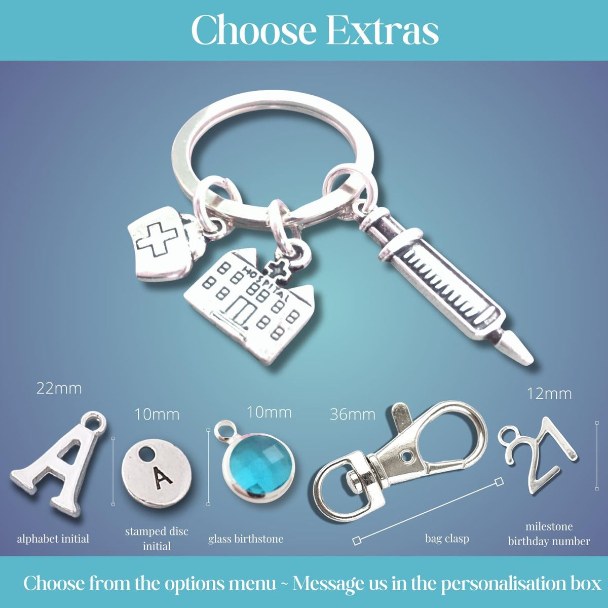 Silver keychain set with medical-themed charms including a syringe, hospital building, nurse hat shown on a blue gradient background with customization options and dimensions labeled.