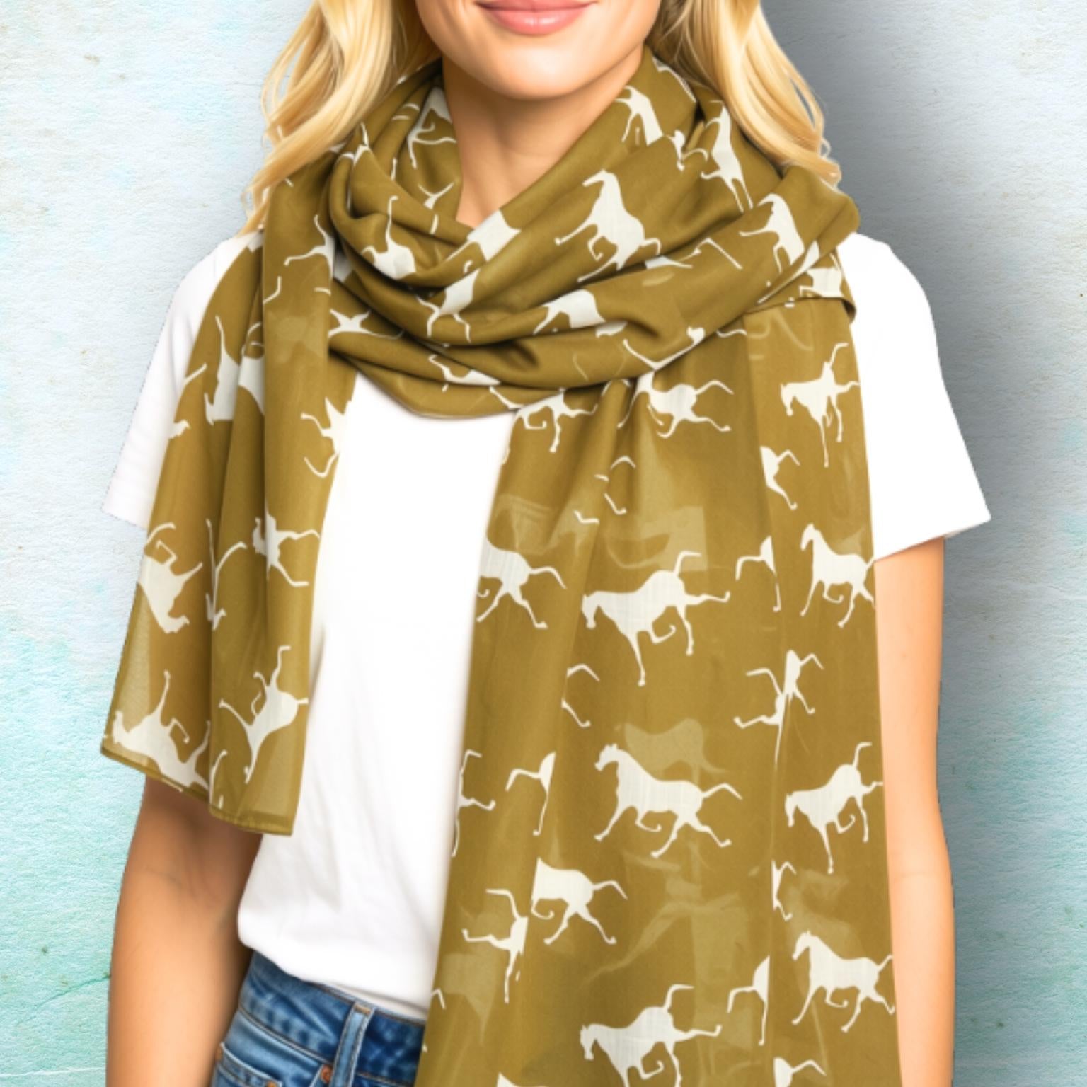 A woman wearing a yellow green scarf with a white silhouette pattern of running horses, styled over a white t-shirt and blue jeans against a textured light blue wall.
