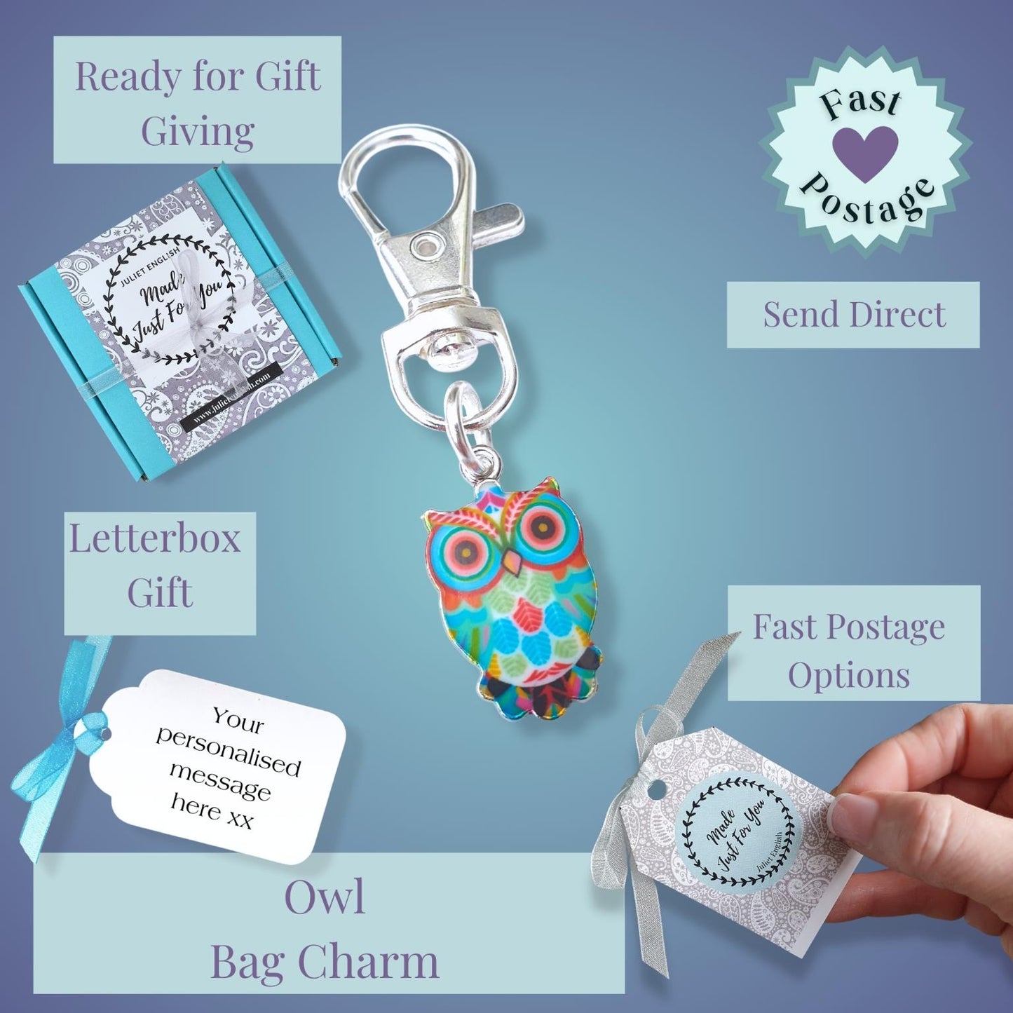 A gift set featuring an owl-shaped keychain charm with a colorful pattern, a silver clasp, a small owl bag charm, a letterbox gift box, and a personalized tag, shown with informational text overlays on a blue gradient background.