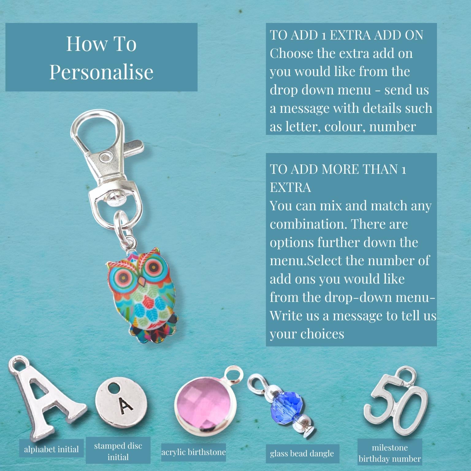 A product information graphic for custom keychains on a textured turquoise background. It features a silver lobster clasp and a colorful owl charm, along with examples of letter and number charms and descriptive text boxes explaining personalization options.