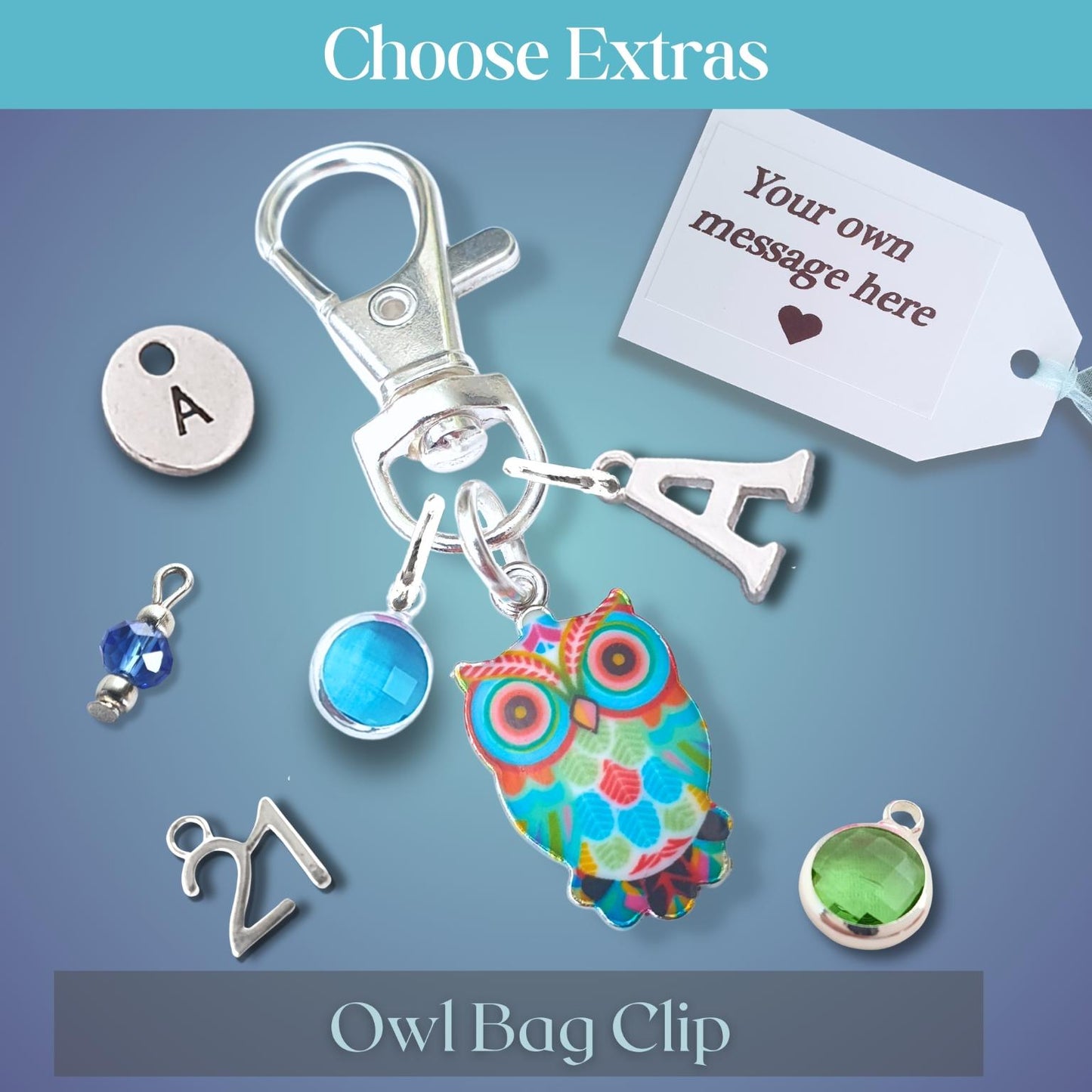 Silver owl bag clip keychain with colorful owl charm, letter A charms, gemstone beads, and a customizable message tag on a blue gradient background.