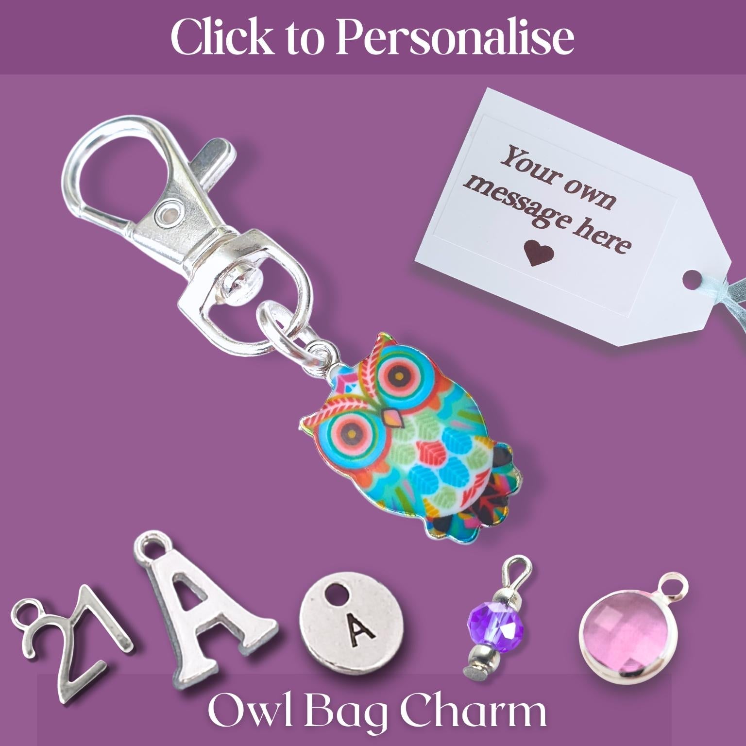 A customizable owl bag charm keychain on a purple background, featuring a silver lobster clasp, a colorful owl charm with blue, green, orange, and red details, and several silver lettering charms (A, Z, A, P) and a pink gemstone charm. Text overlays read 'Click to Personalise' and 'Owl Bag Charm'.