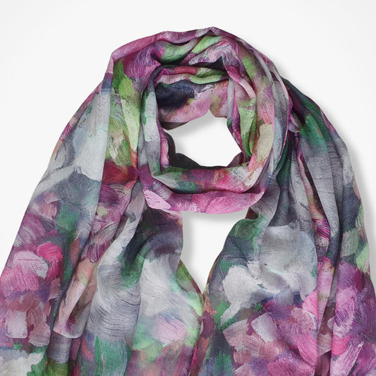 Multicolored floral patterned scarf on a white background