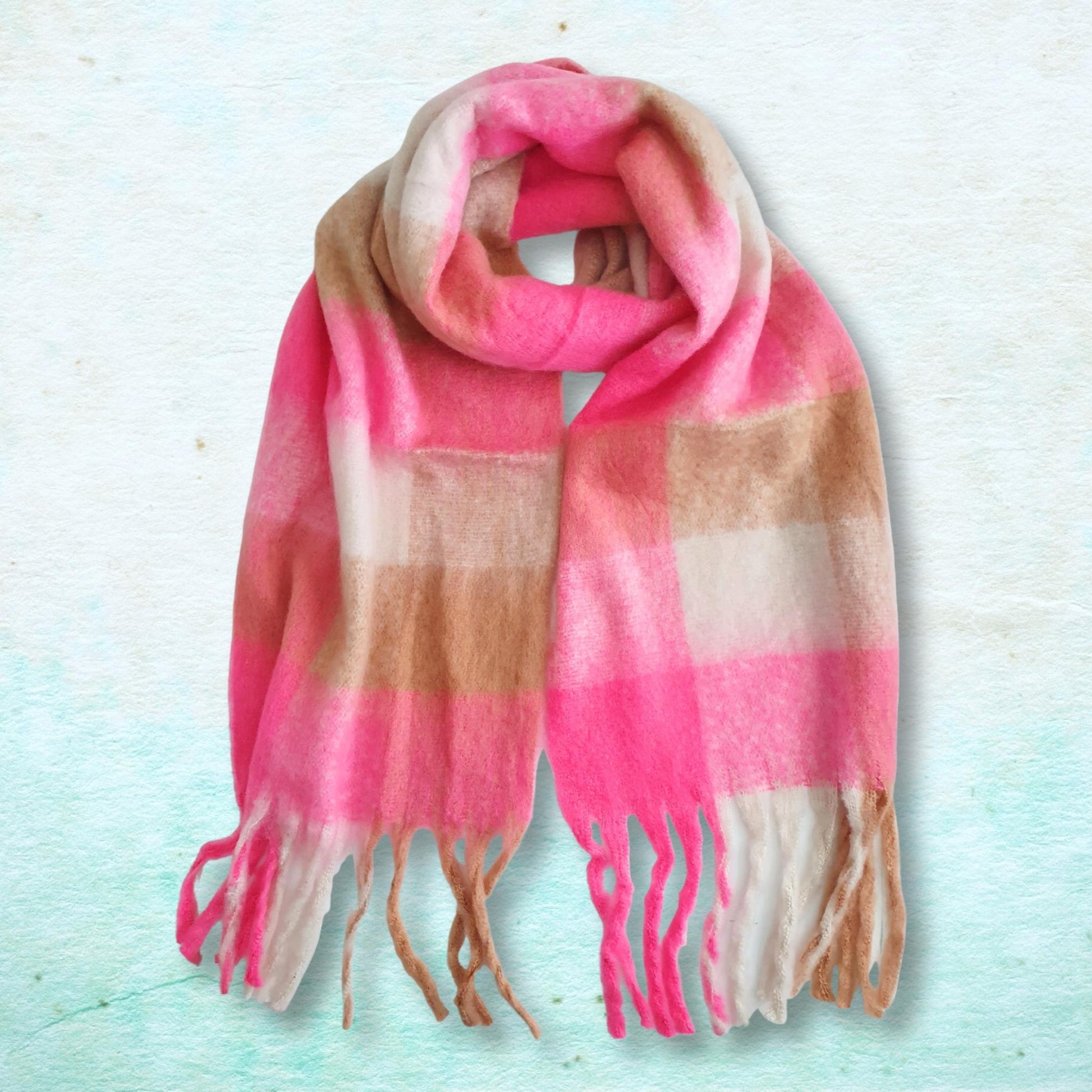 Plaid scarf with pink and brown checks on a light blue background
