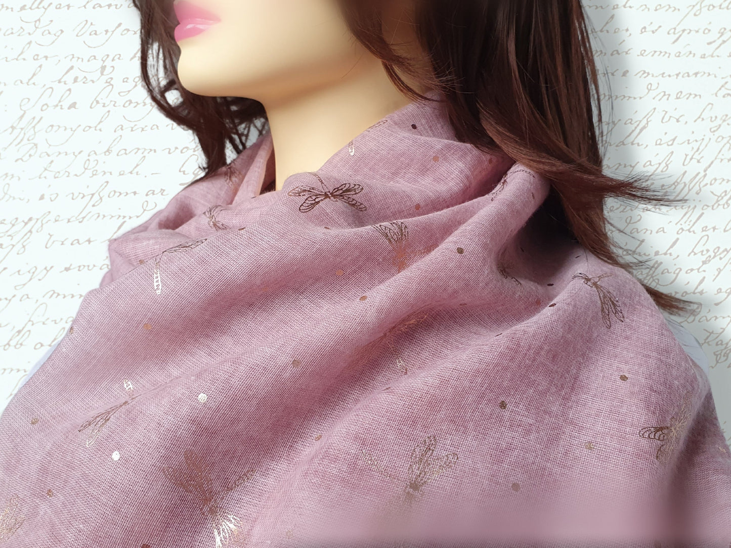 Lightweight Ladies Scarf with Rose Gold Dragonfly Design - Pink