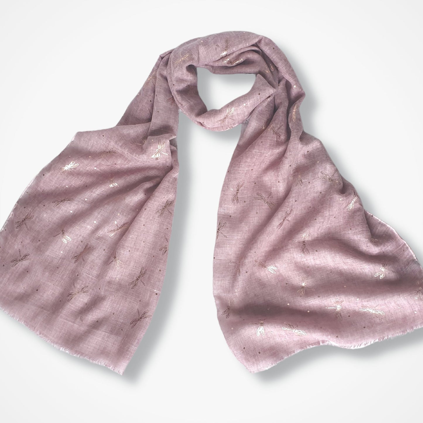 Lightweight Ladies Scarf with Rose Gold Dragonfly Design - Pink