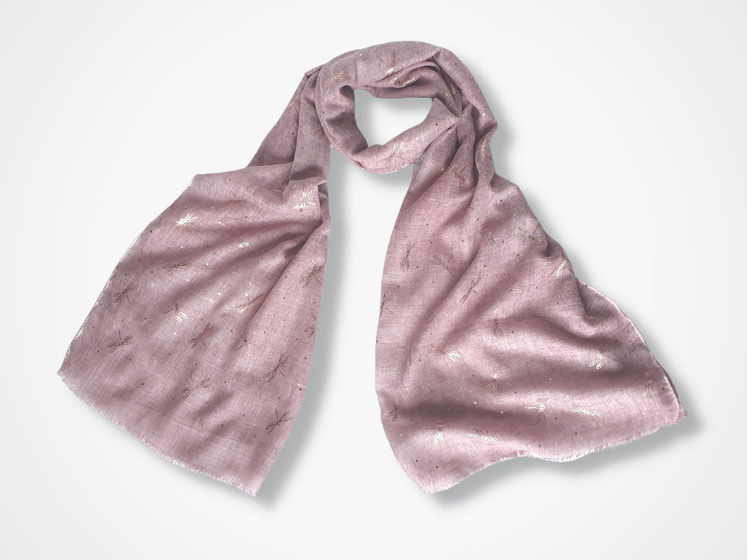 Lightweight Ladies Scarf with Rose Gold Dragonfly Design - Pink