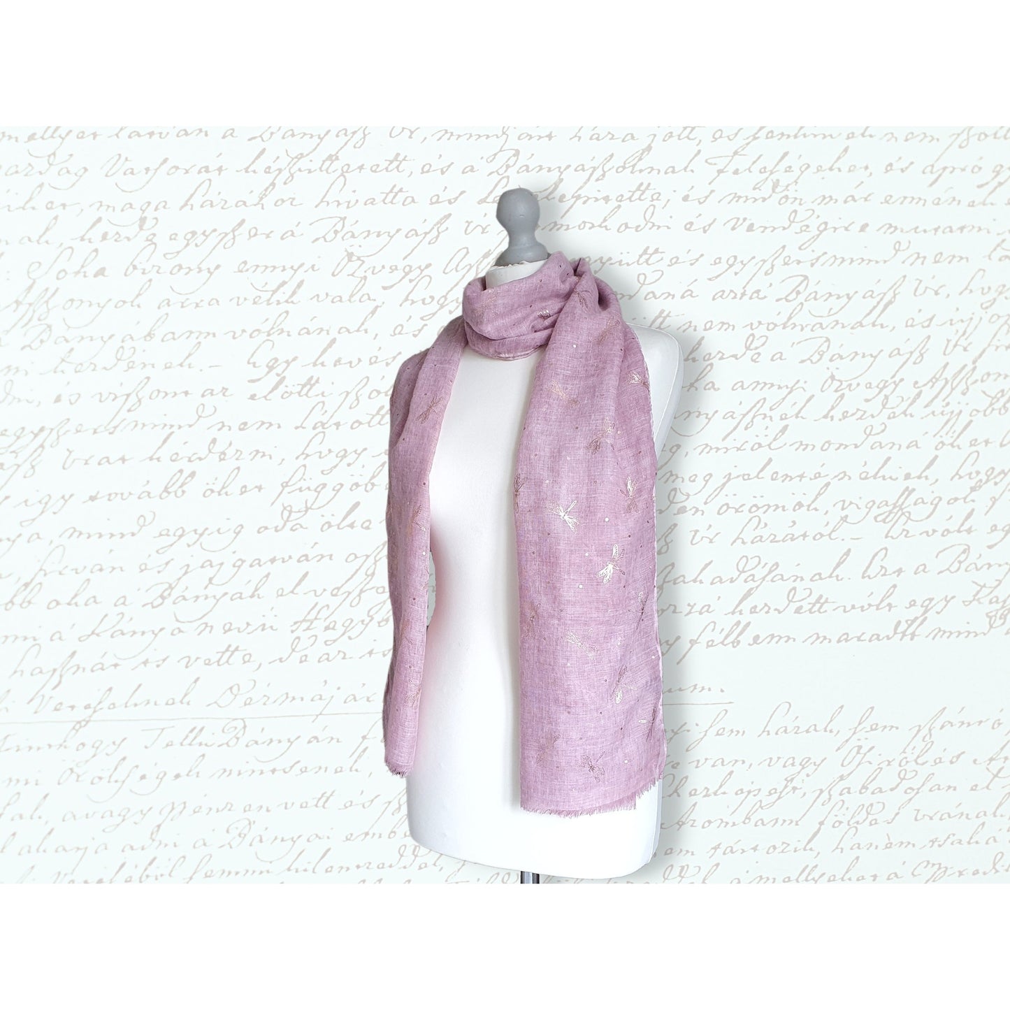 Lightweight Ladies Scarf with Rose Gold Dragonfly Design - Pink