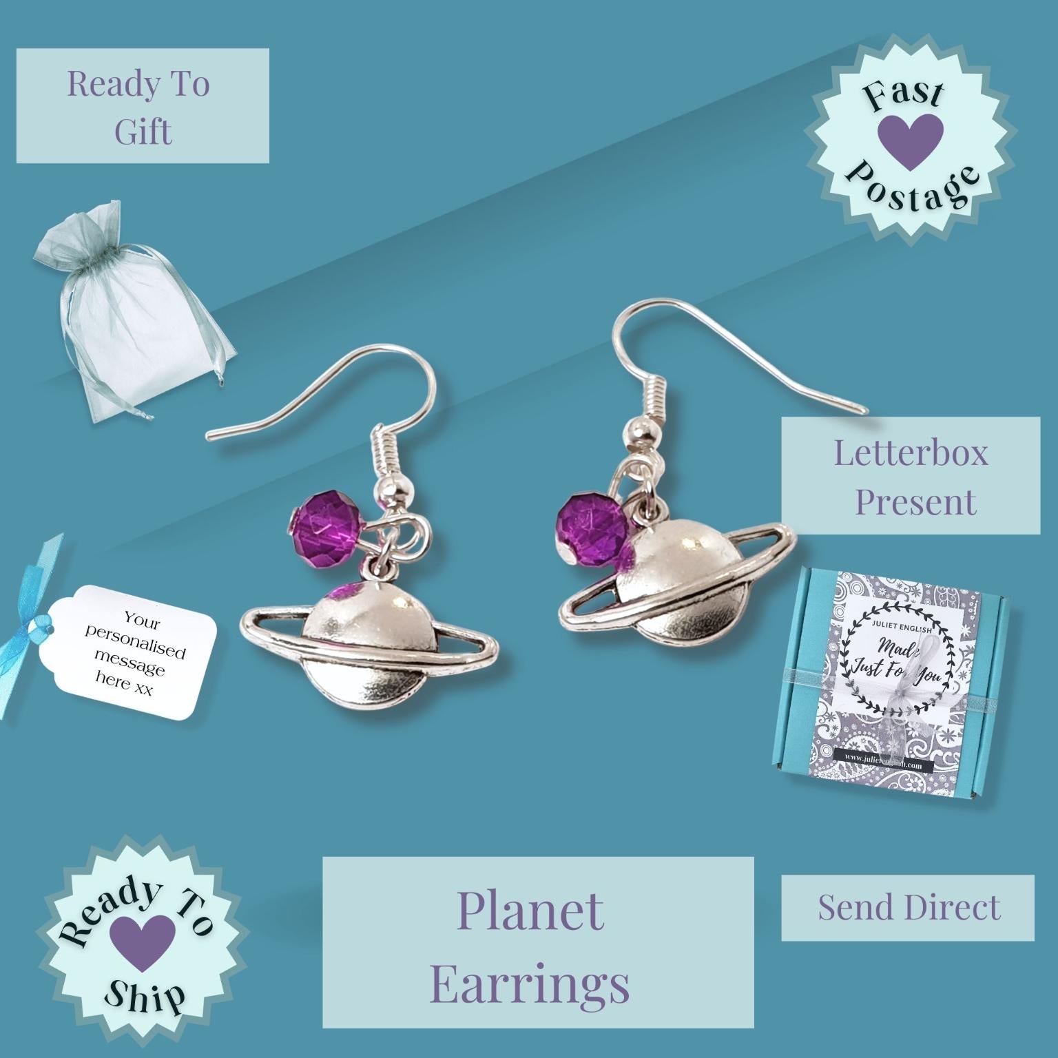 Planet earrings with purple gemstones on a blue background, featuring text about shipping and packaging.