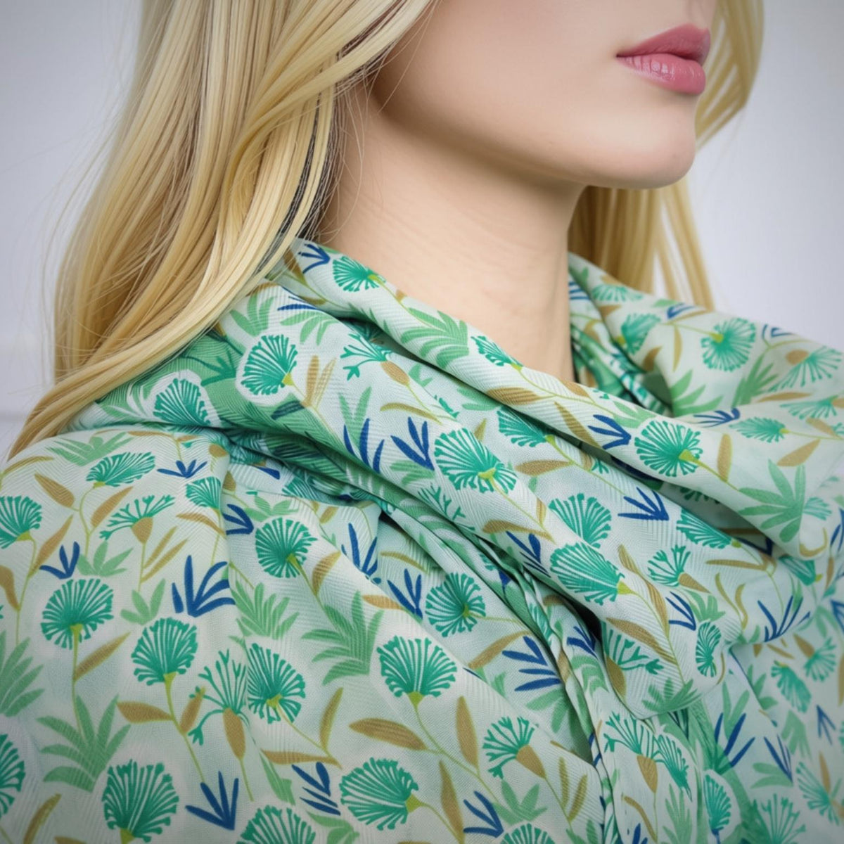 A close-up of a model wearing a light green scarf with a blue and green botanical leaf pattern, styled around her neck.